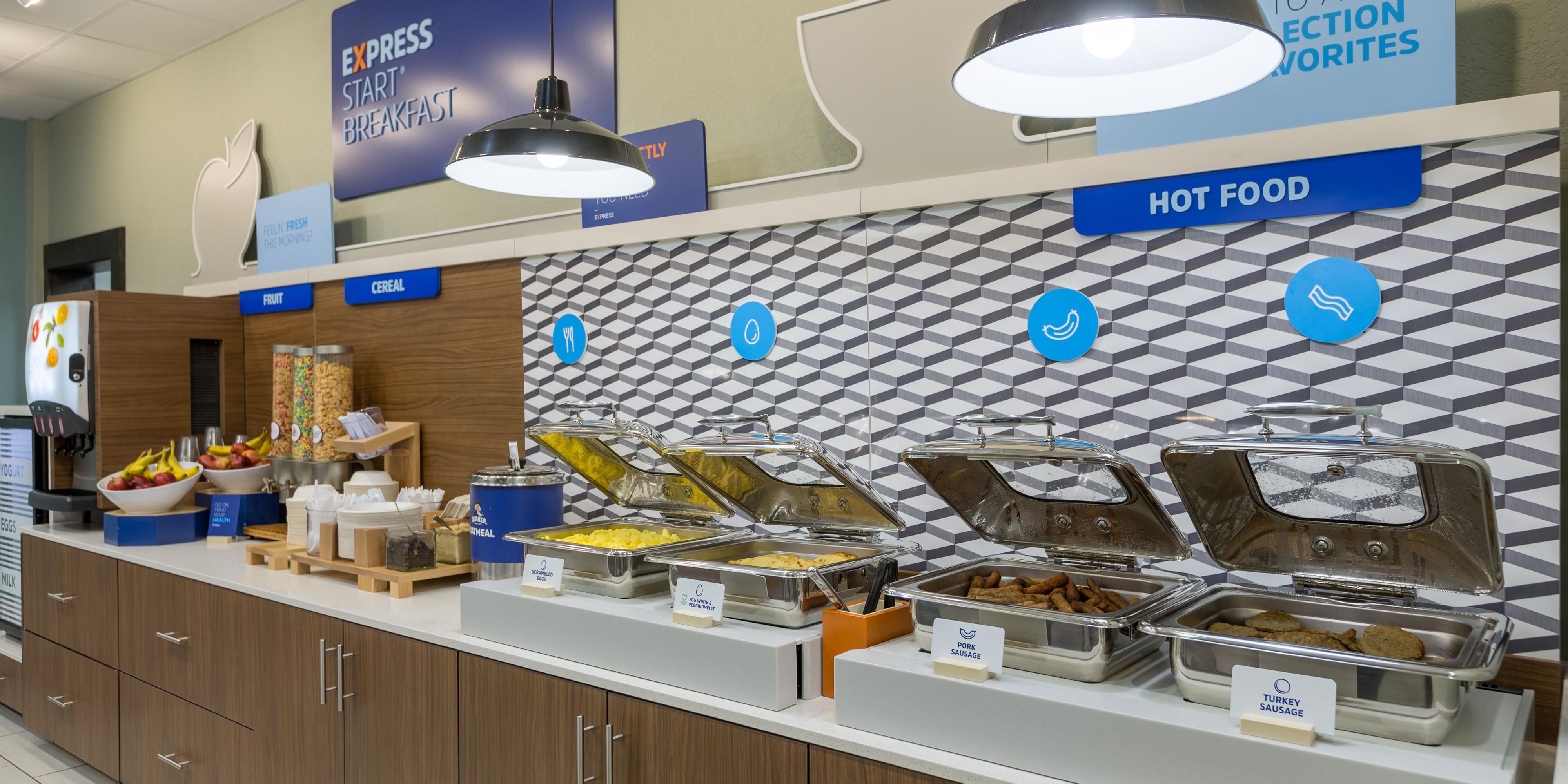 Enjoy our unique Express Start Breakfast Buffet Bar which offers a variety of hot and cold options including a rotation of egg and meat selections, muffins, biscuits and 24/7 complimentary coffee. Did we mention our one-touch pancake machine? Believe it or not, come see for yourself! 