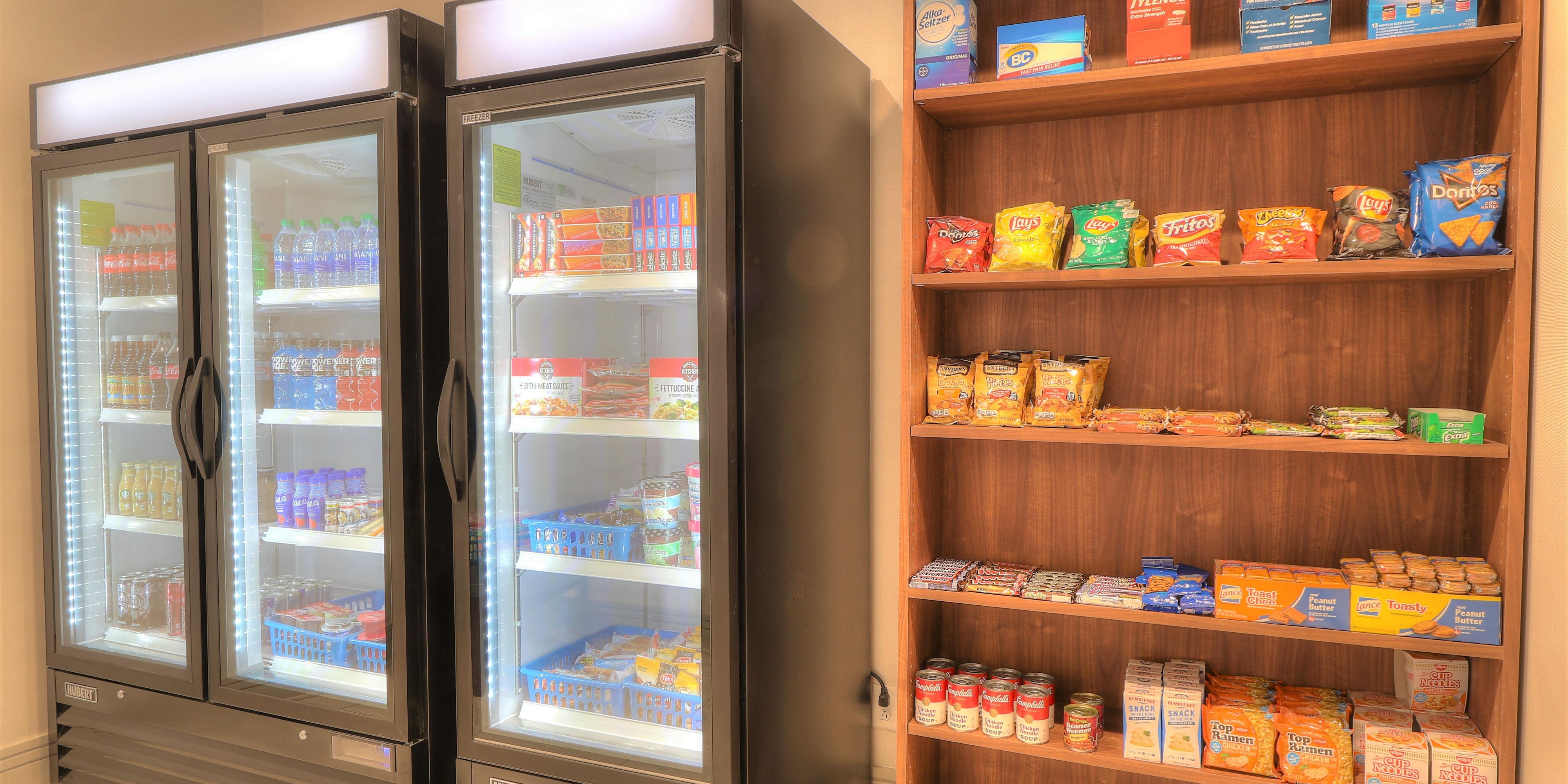 Whether it is a quick snack or beverage, the Holiday Inn Express Market is open 24 hours.  Available for purchase are a variety of chips, candy, sodas, and much more.  