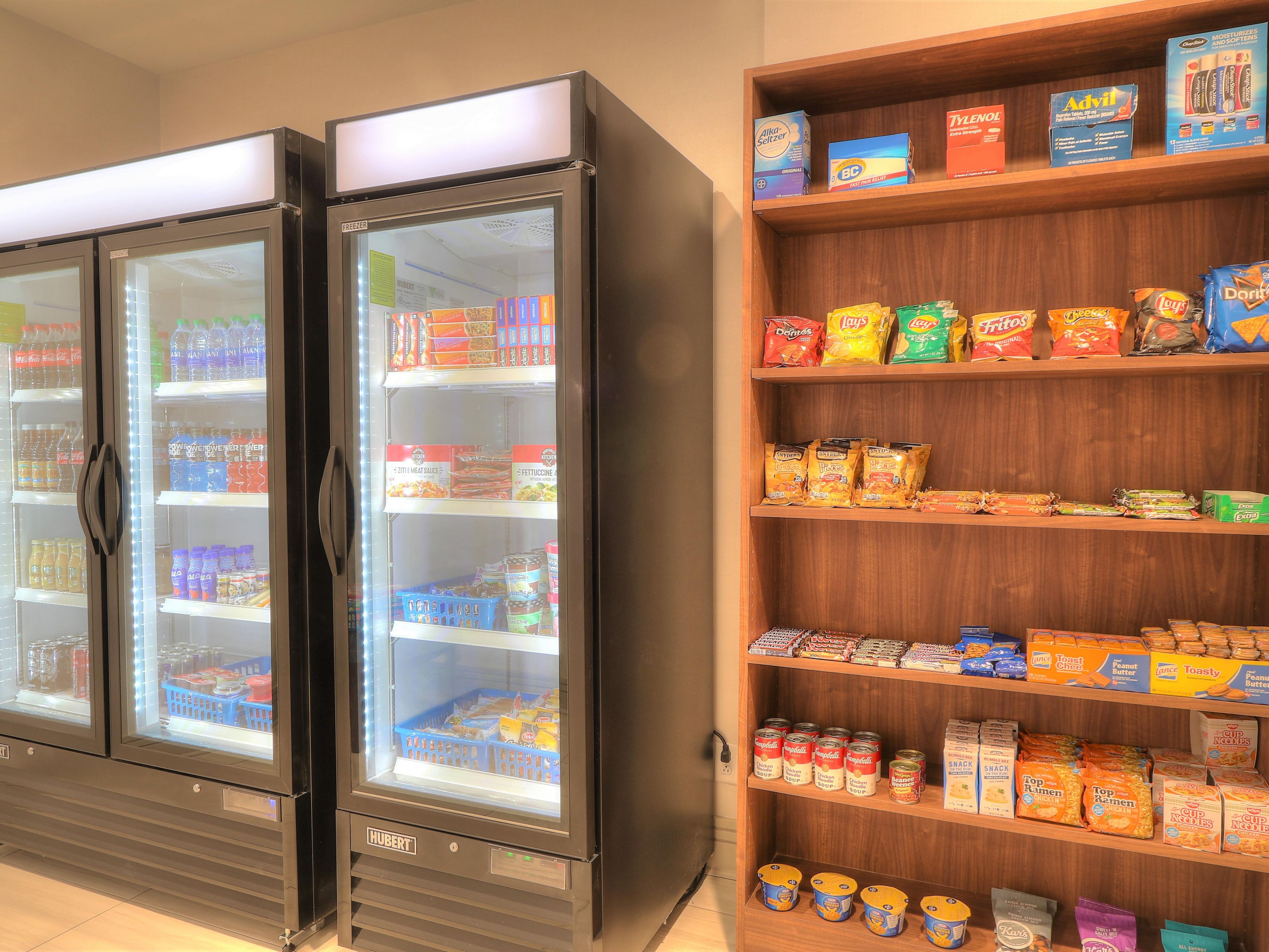 Whether it is a quick snack or beverage, the Holiday Inn Express Market is open 24 hours.  Available for purchase are a variety of chips, candy, sodas, and much more.  