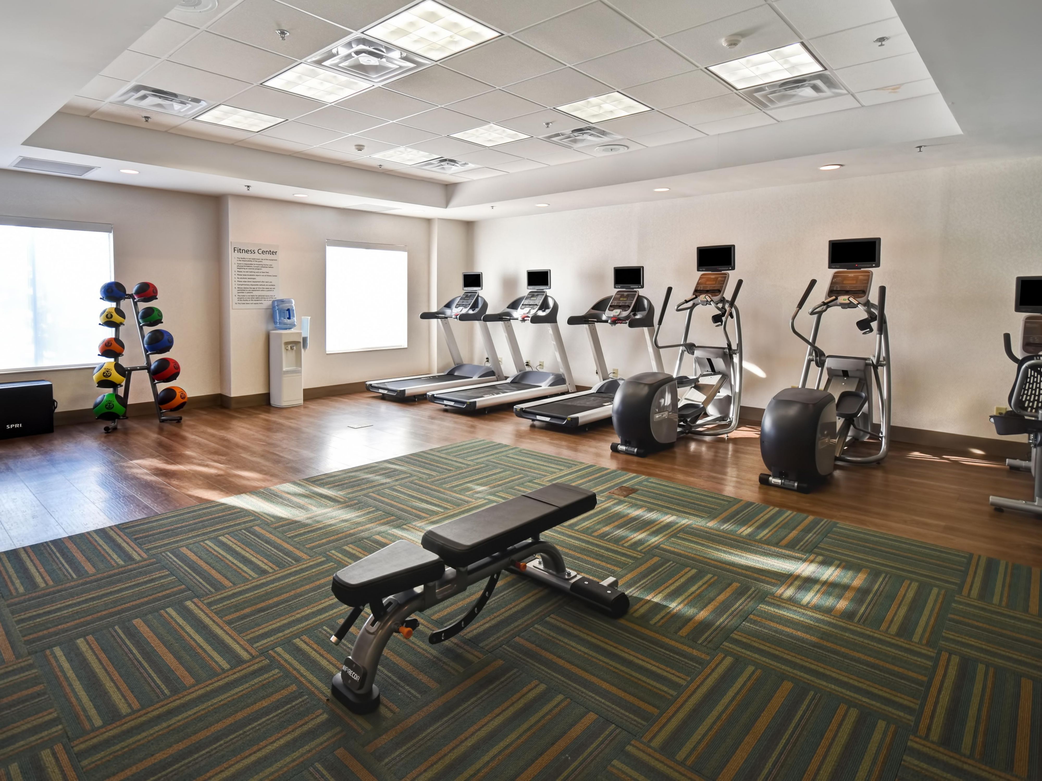 Keep up with your fitness routine in our fitness center.