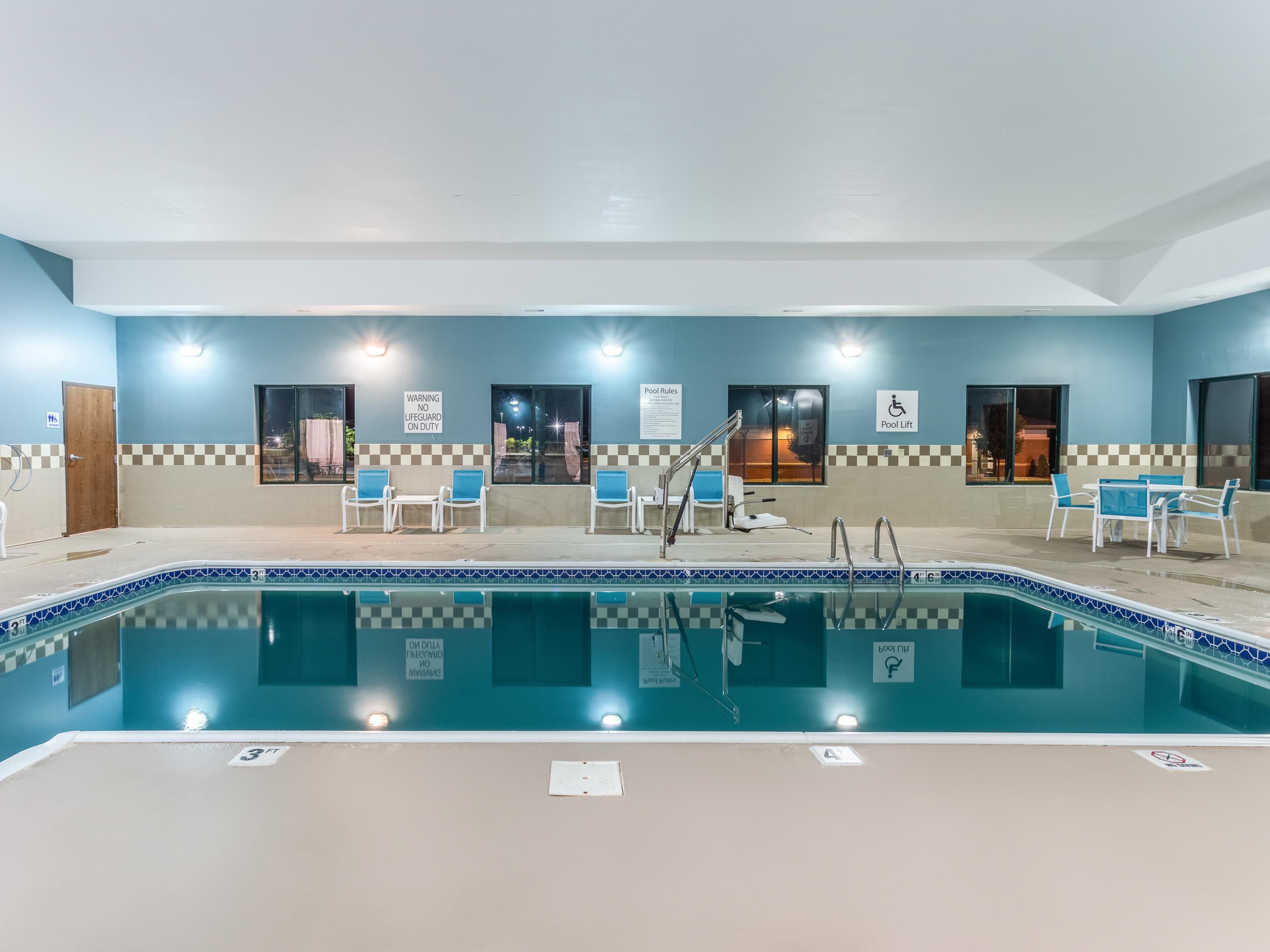 Start your day with invigorating laps in our indoor heated pool. Take a leisurely, mid-afternoon dip or enjoy a soothing evening swim. Whatever you prefer, our year-round indoor pool invites you to make a splash! Pool hours are 8:00 AM – 10:00 PM.