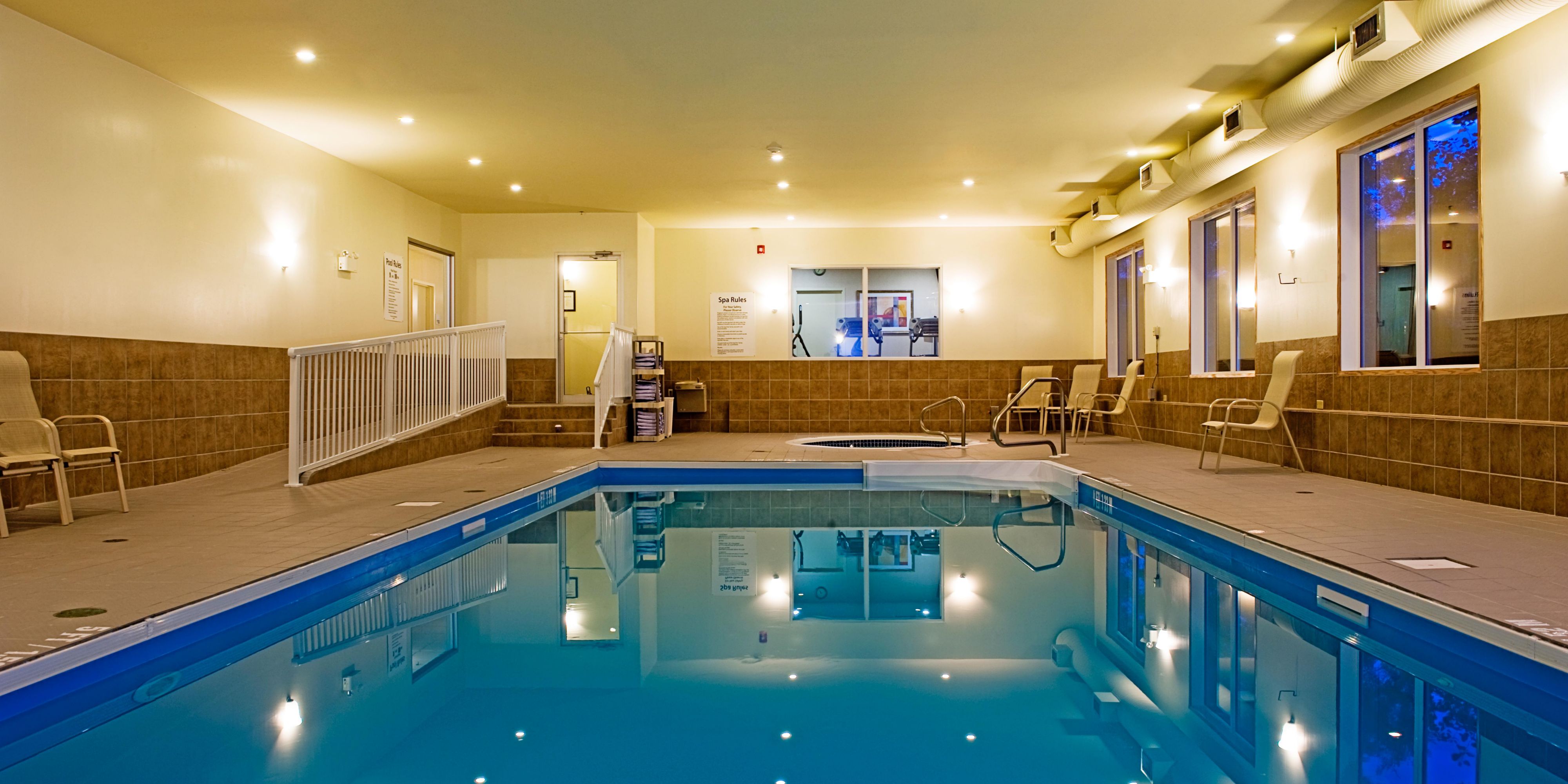 Enjoy and Relax in our indoor heated pool and Hot tub after a long day of work or weekend away from home with family open from 9:00 am to 9:00 pm.