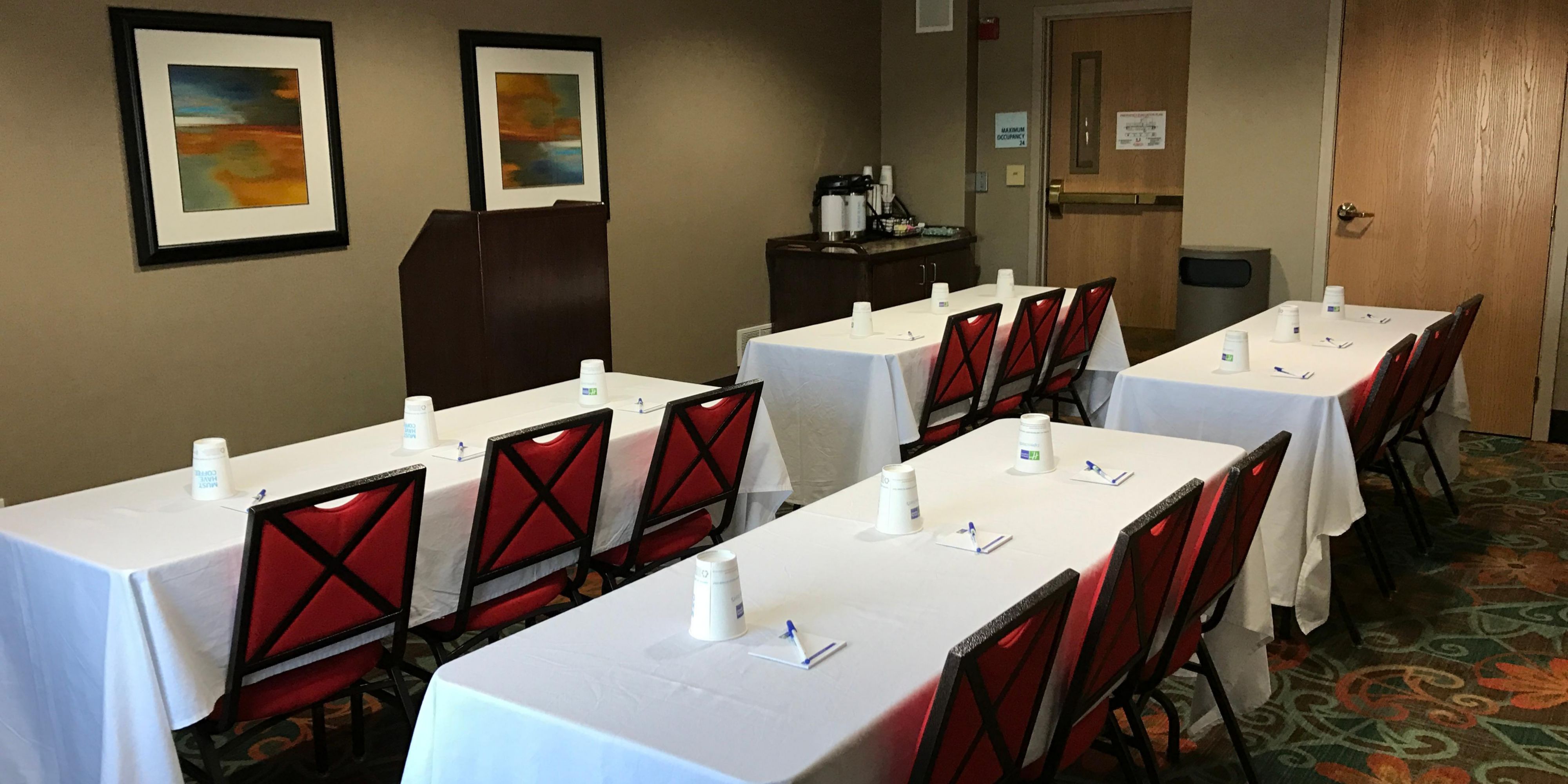 From trainings to interviews, our meeting space can accommodate up to 24 people.