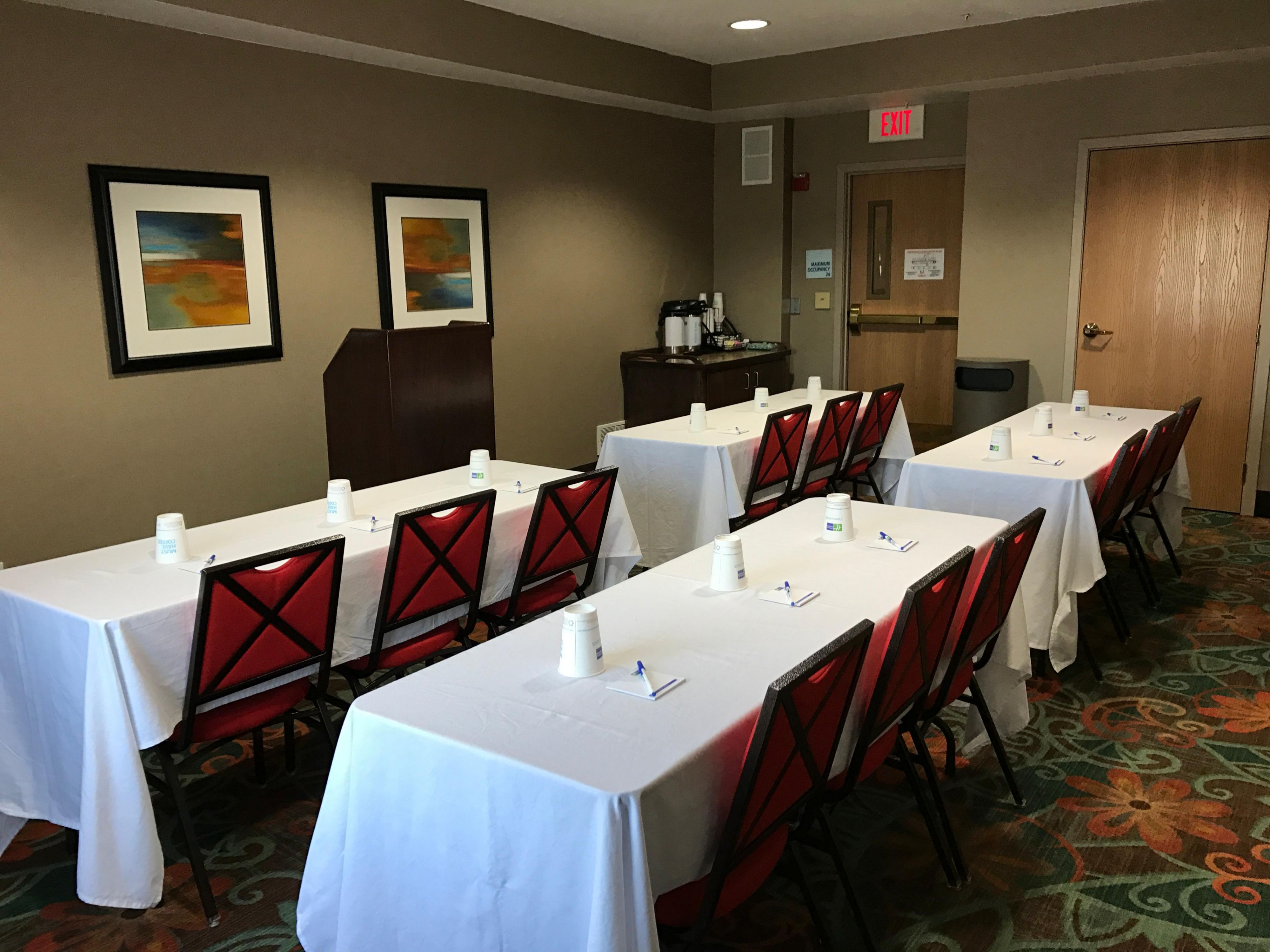 From trainings to interviews, our meeting space can accommodate up to 24 people.