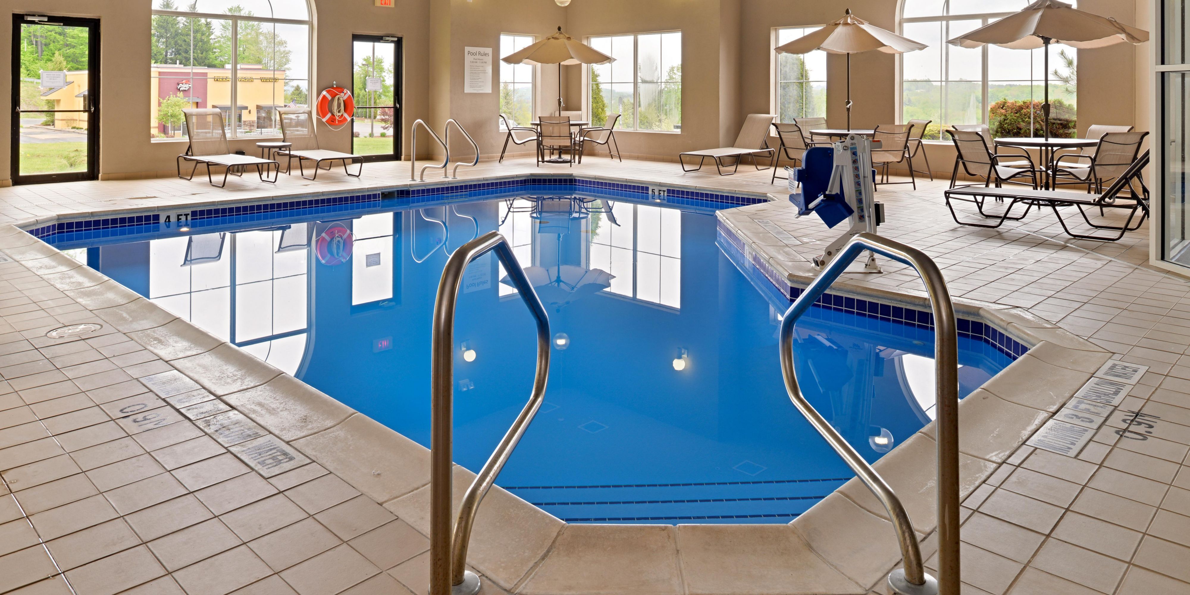 We have an indoor heated pool. Swimming from 7am until 11pm every night, even when it is snowing outside. 