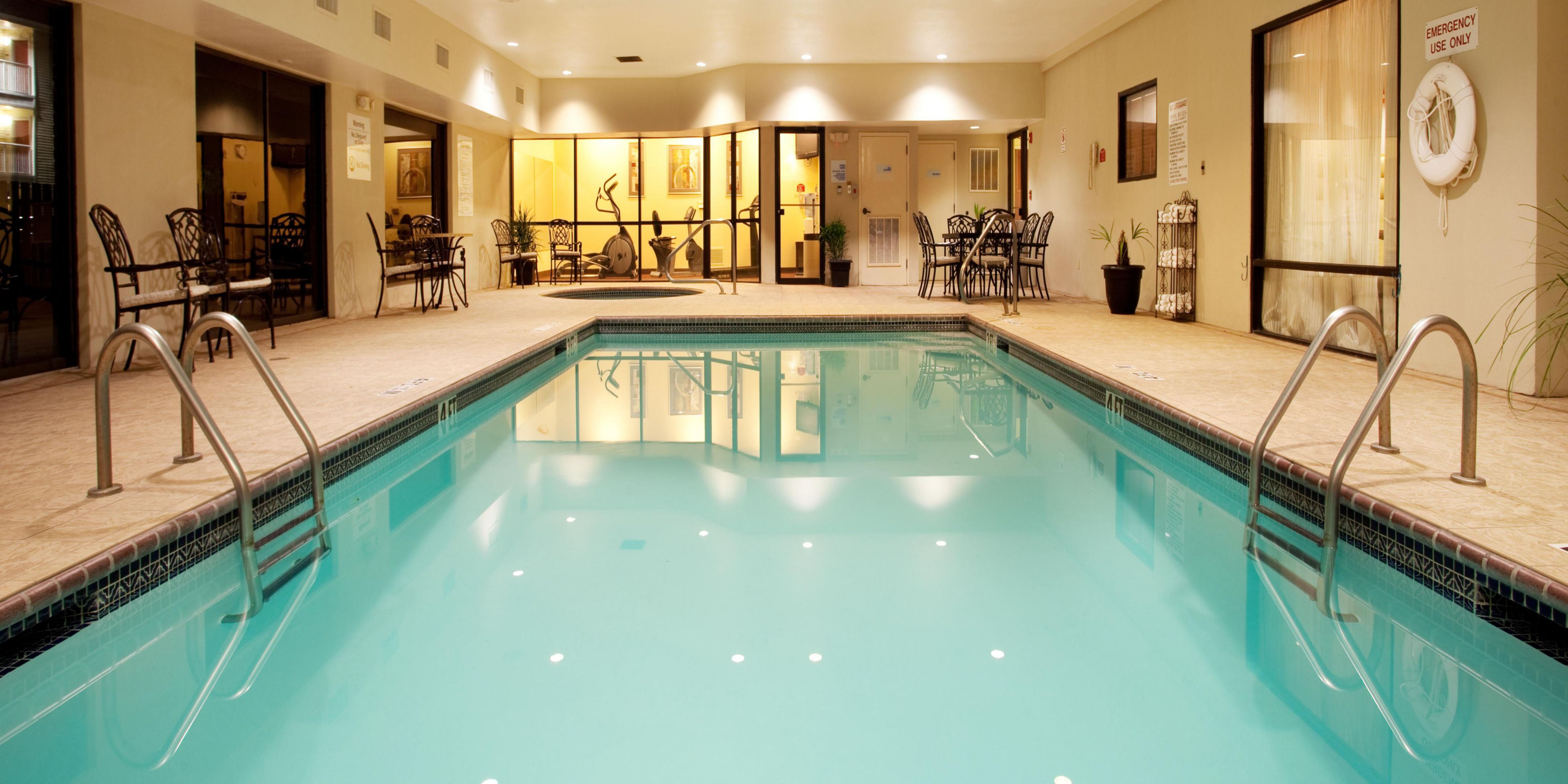 Our temperature-controlled indoor pool creates an inviting environment for quiet relaxation and overall enjoyment. Whether you swim laps, splash around with your kids, or take a serene dip, our pool is your happy place. At the end of a busy day, soak your stress away in our private whirlpool. Open daily, 5:00 AM – 10:00 PM. 