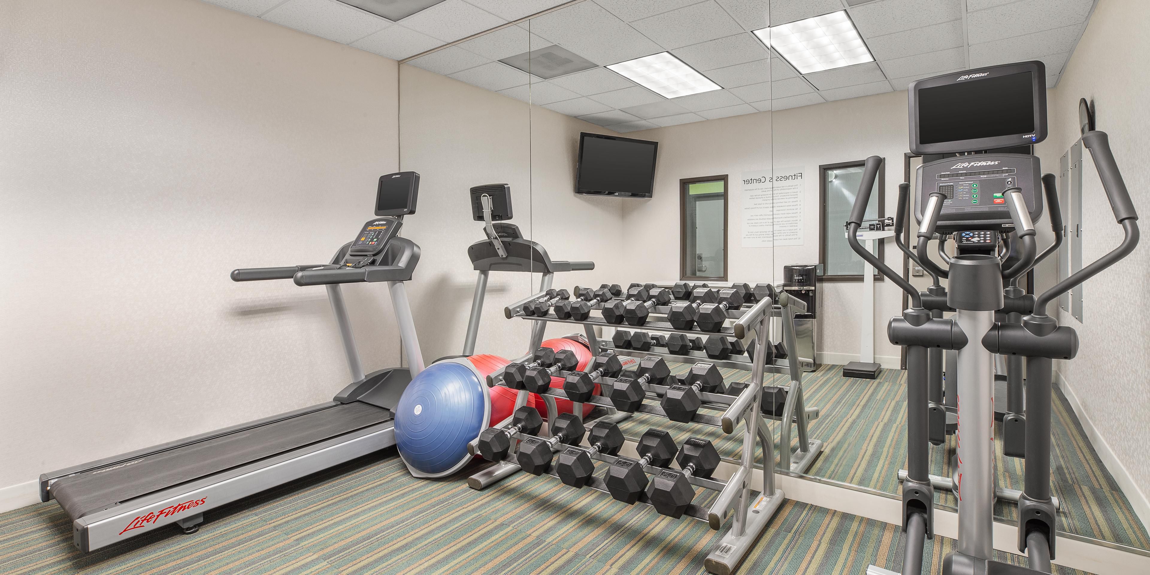 Our Fitness Center is open 24 hours and can provide you with free weights, dumbbells up to 35 pounds, an elliptical, and a treadmill. 