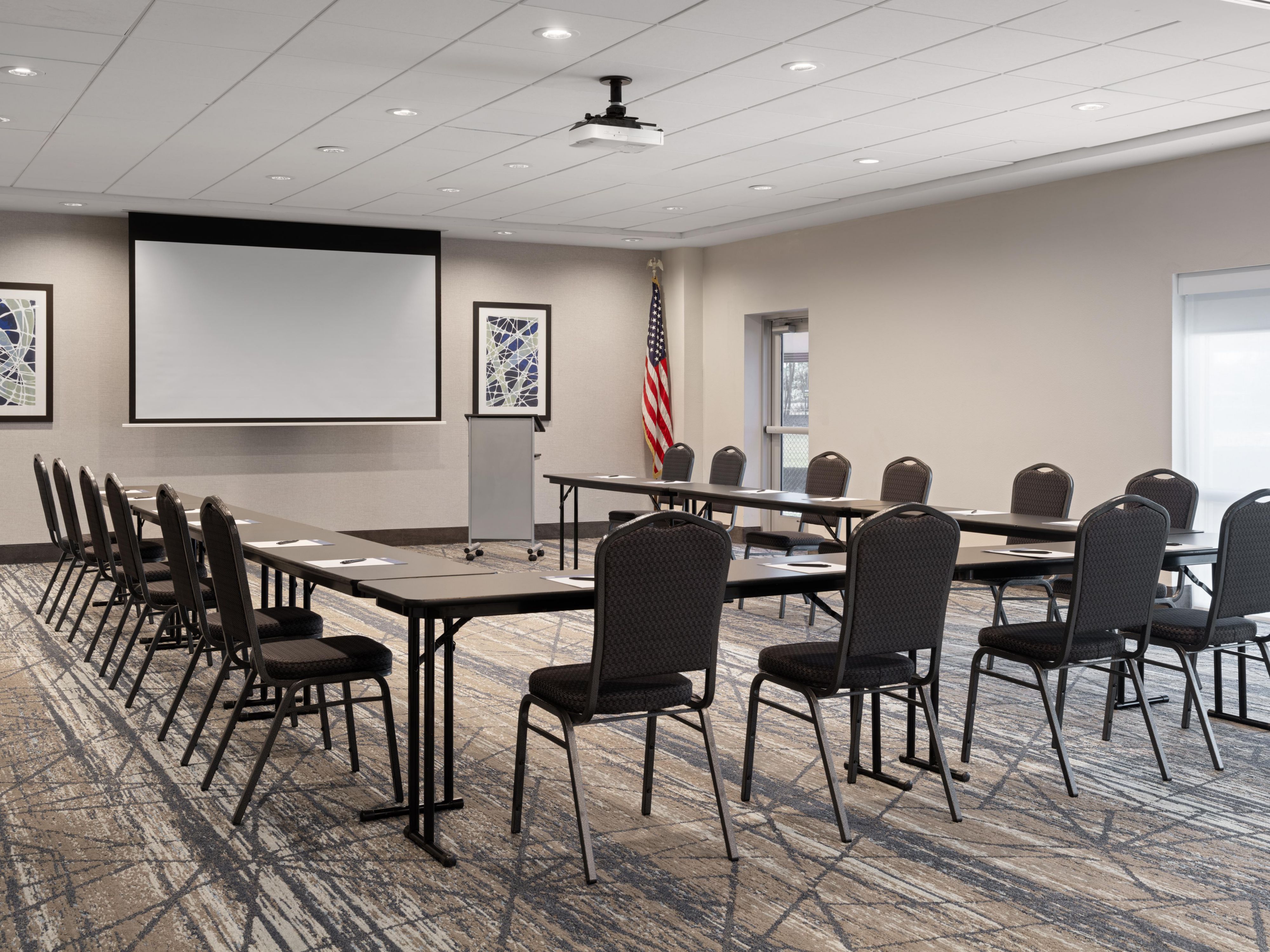 Our 1400 sq ft meeting space is ideal for your next training or seminar. We can also split the space in half with a wall divider which is a perfect solution to your next event. 