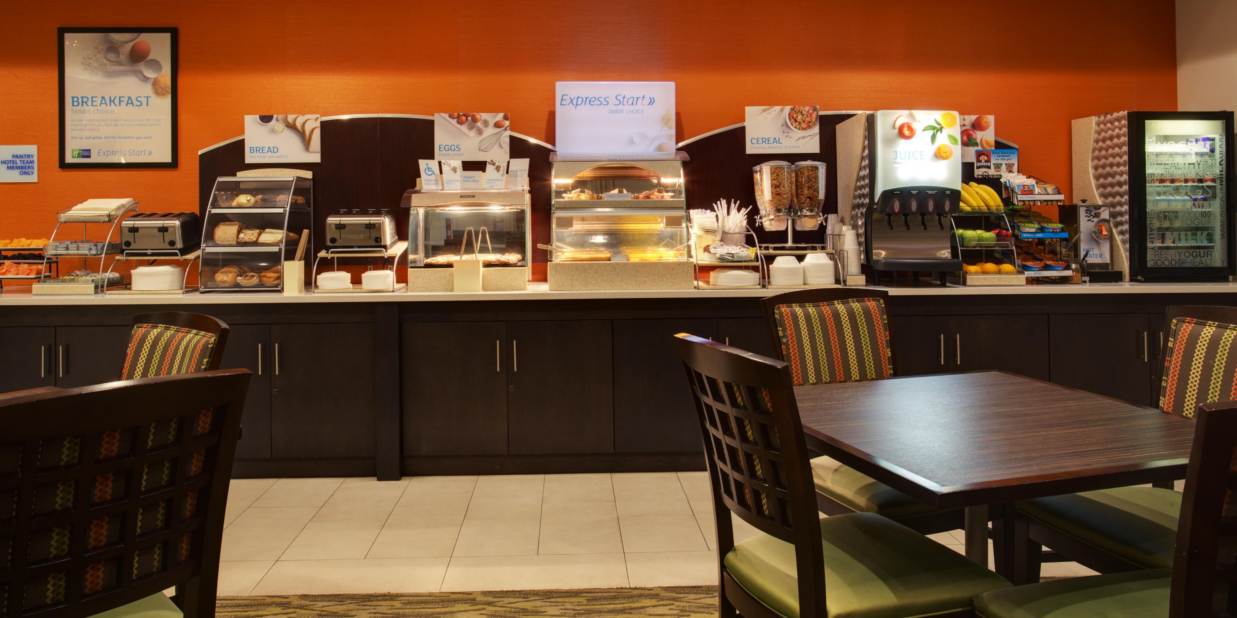 Wake up each morning and jump-start your stay at our Express Start Breakfast bar. You will find a full range of breakfast items including egg white omelets, Chobani yogurt, whole wheat English muffins, oatmeal, cereal and a one-touch pancake machine.