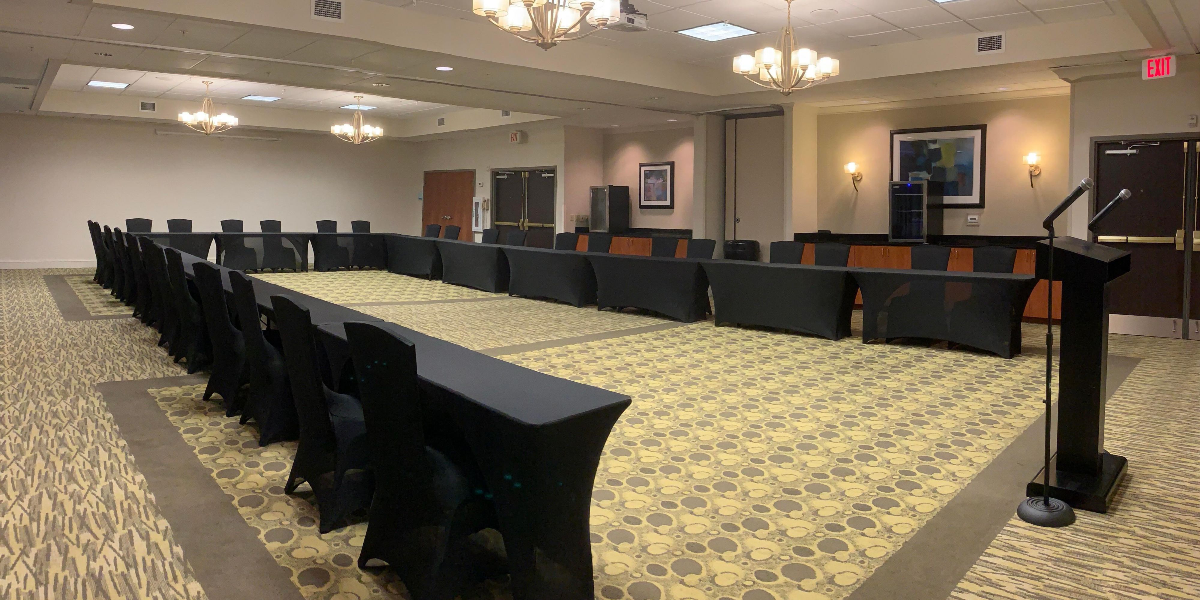 We are delighted to offer a variety of options for your next meeting or event.  Our Augusta Ballroom can host up to 104 Guests in Banquet Rounds, 72 Set Classroom Style or 40 U-Shape.