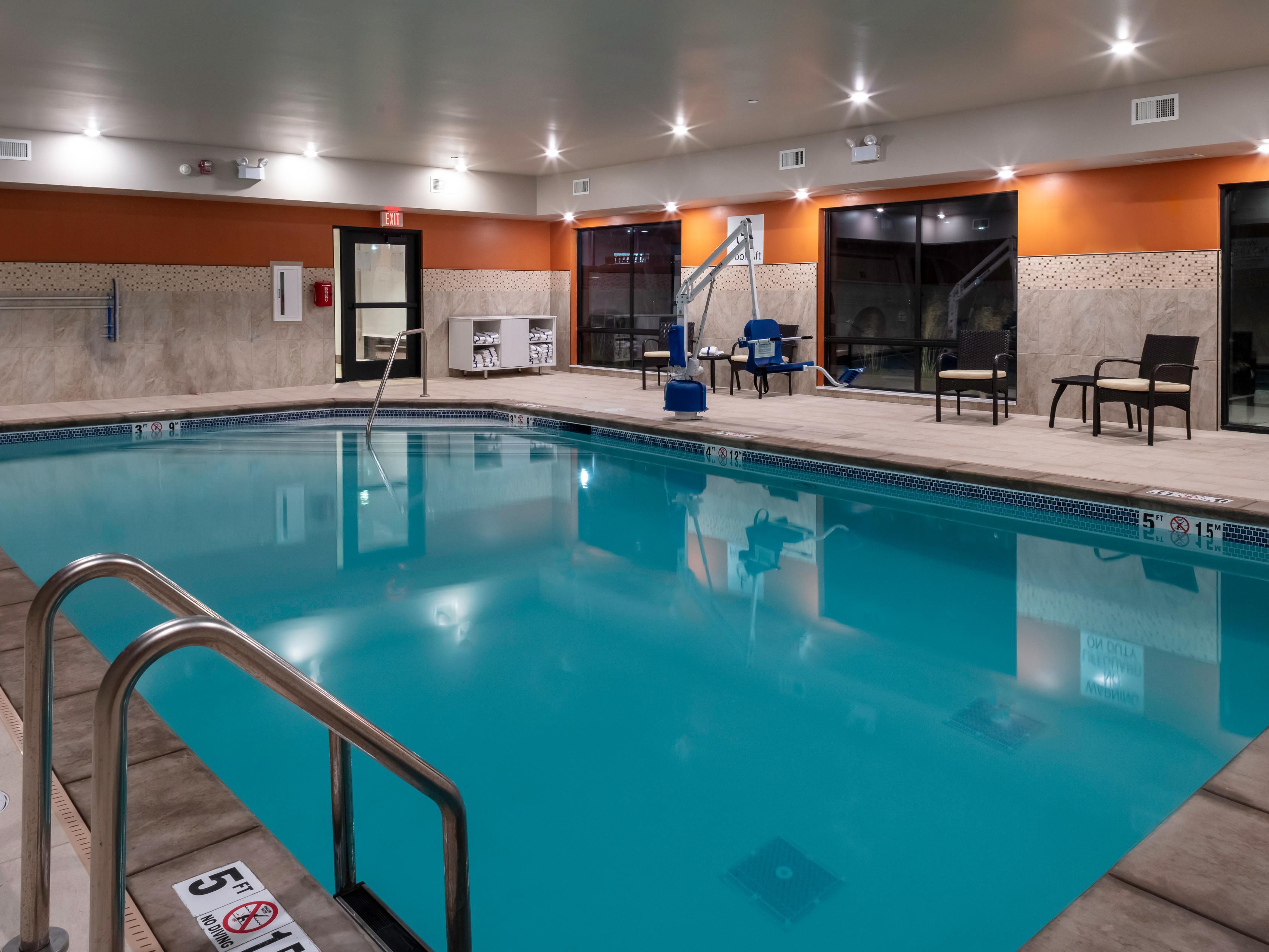 Our indoor heated pool and Fitness Center open, a great way to burn off some energy before heading to a great night’s rest!
