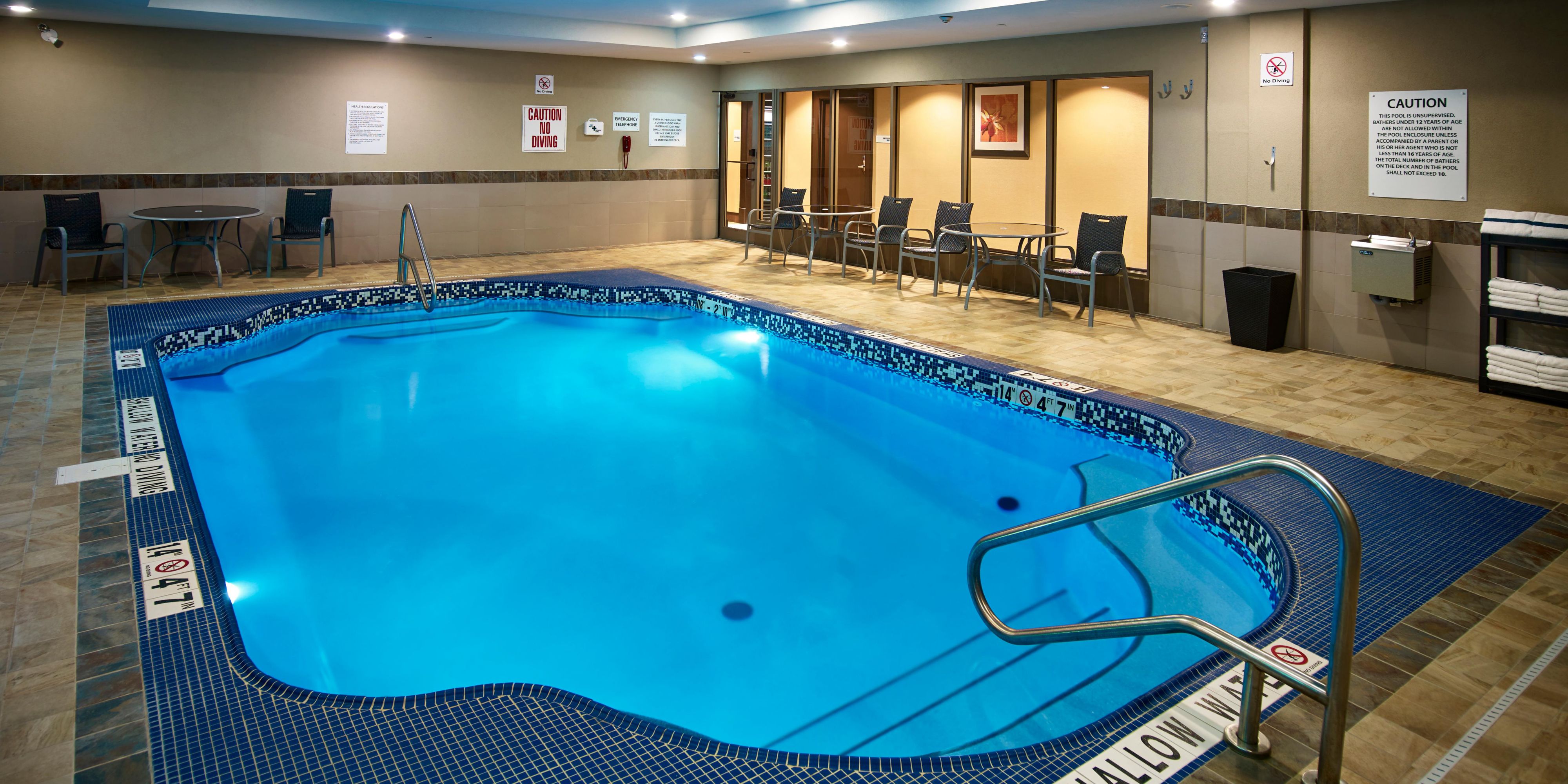 Enjoy our indoor heated pool on your next visit. Open daily from 7am to 11pm. 