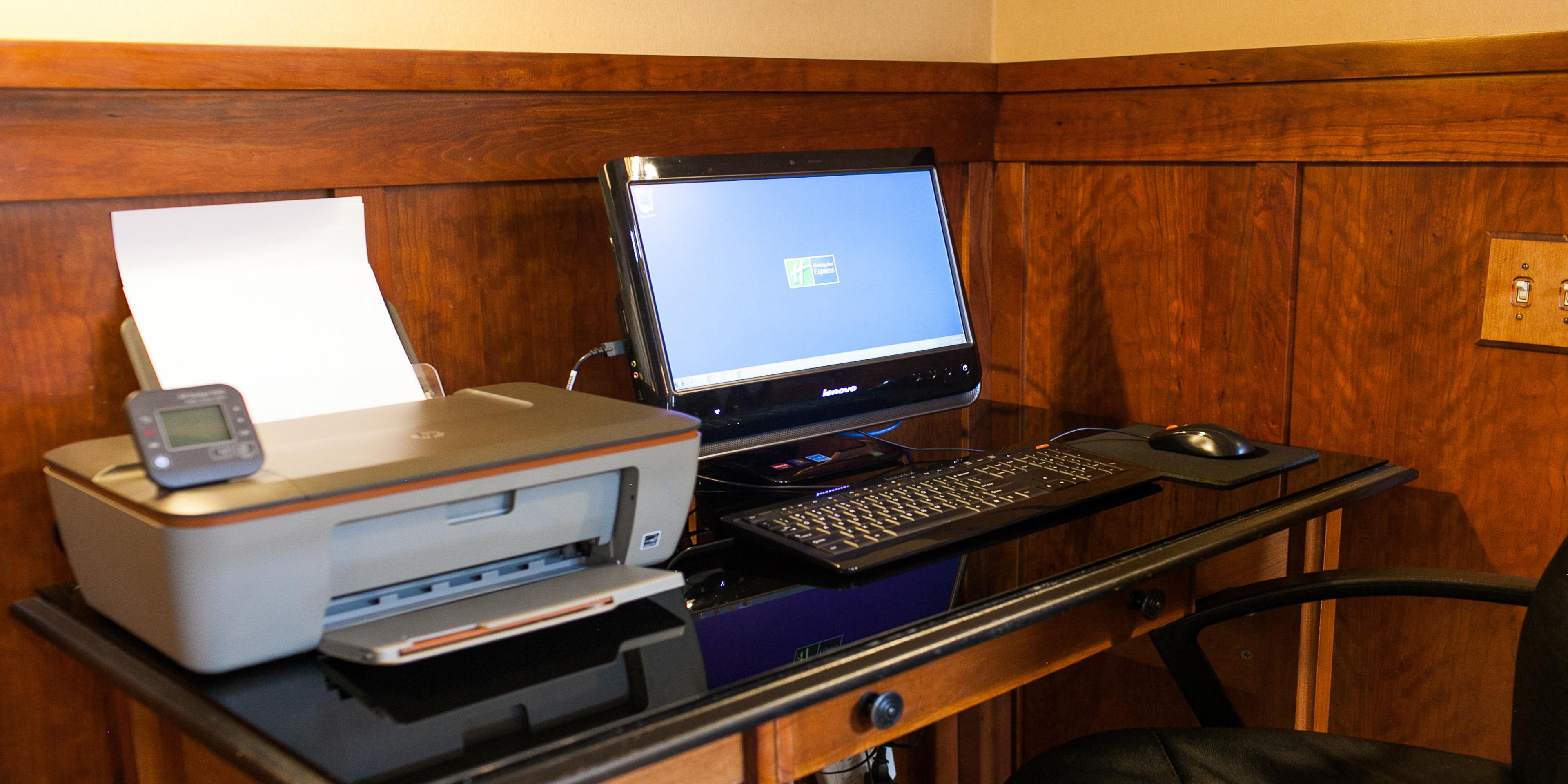 The business center contains two computers and a printer to ensure our guests can get their extra office work done, so they can enjoy a nice quiet night at our hotel.