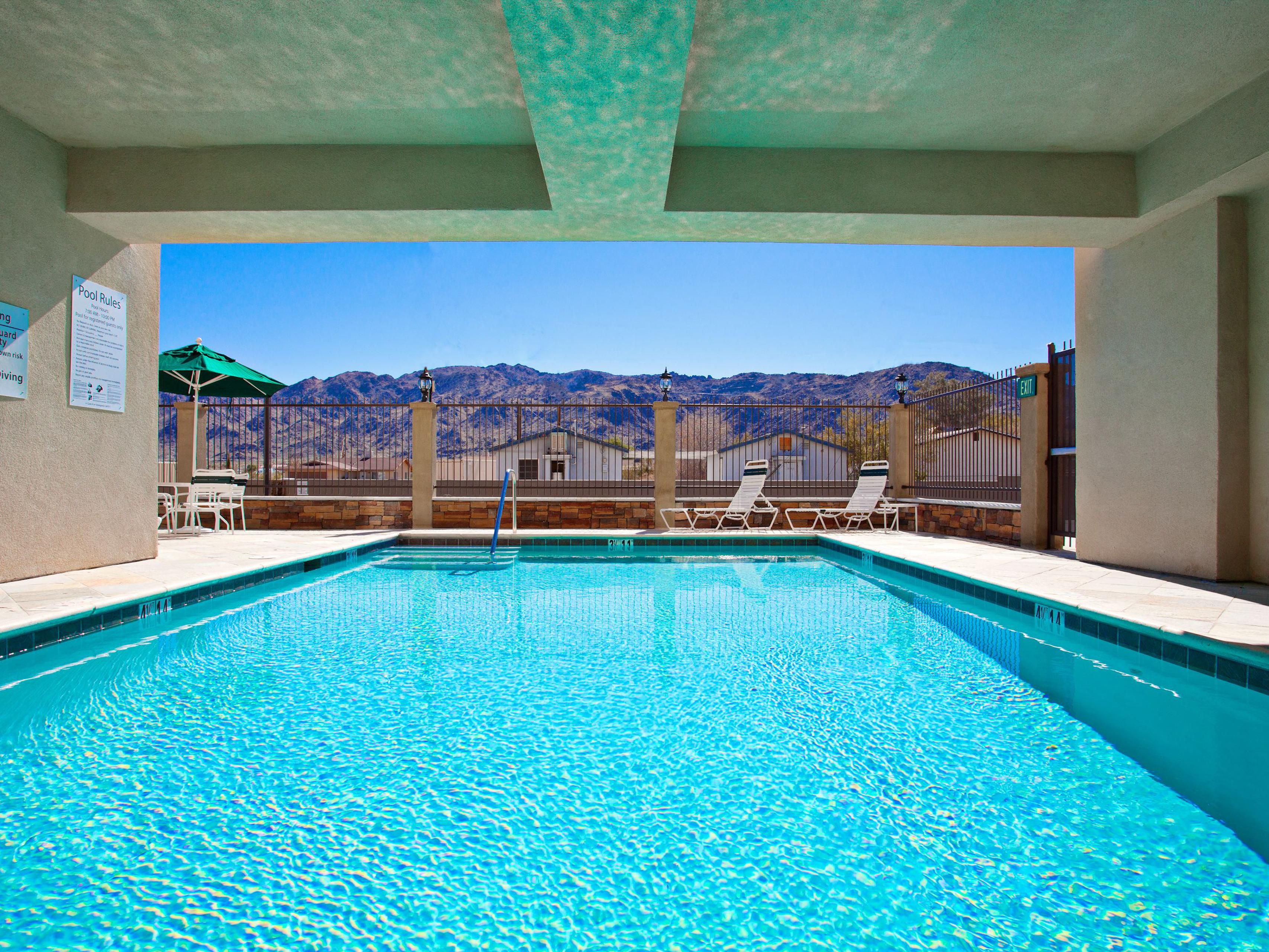 Enjoy our year-round covered, heated pool so that you are not in the direct desert sun but can still enjoy the weather. Ask our front to borrow our cooking utensils and BBQ your favorite dinner at our poolside gas BBQ. The Stater Brothers grocery is less than 5 minutes from the hotel to pick up your evening dinner. 