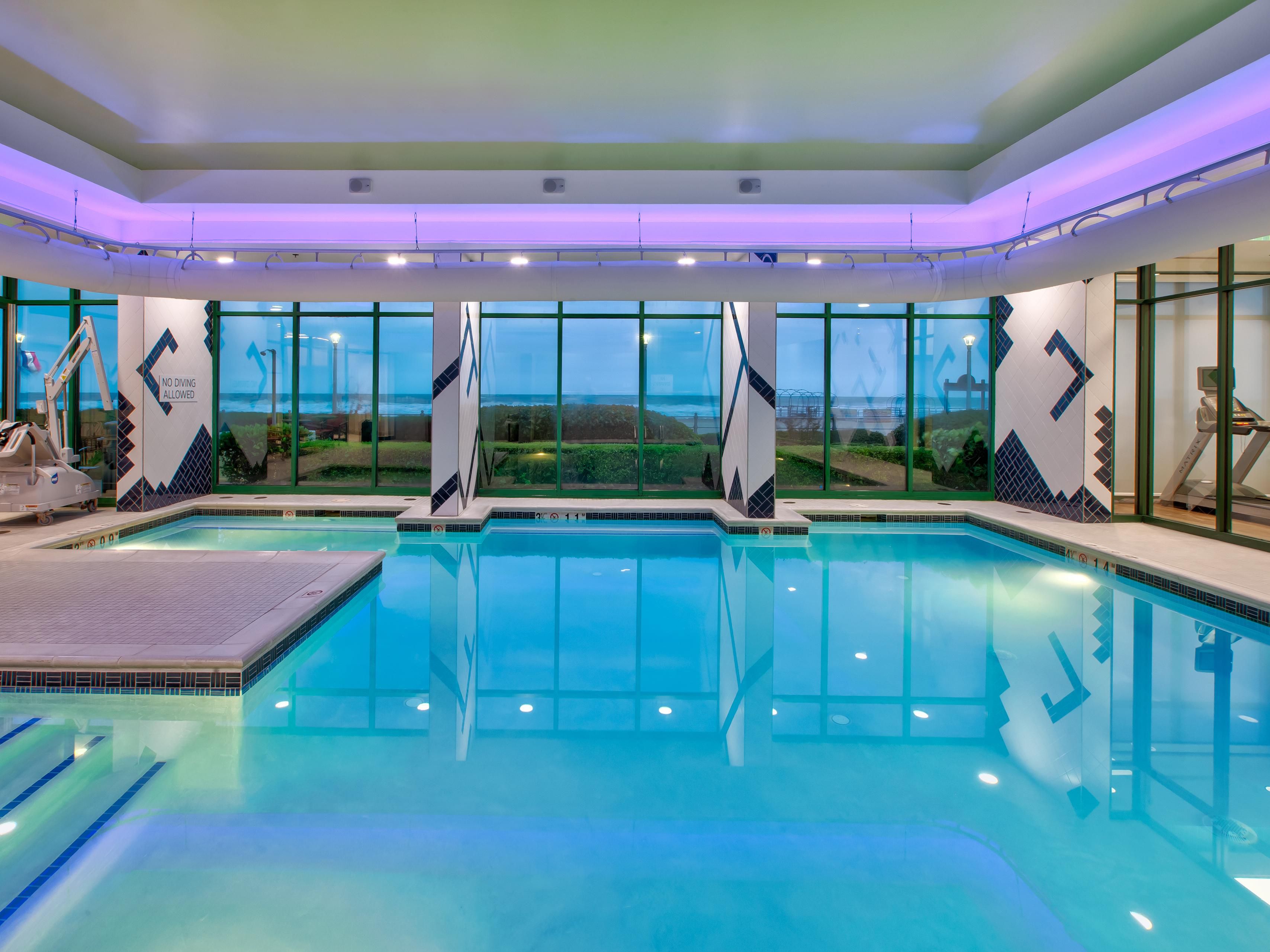 Take a refreshing dip in our year-round indoor pool, open daily 8am–10pm. Whether you like to start your day with invigorating laps, or just need a break from the sun and the sand, our indoor pool area is the perfect spot for both relaxation and recreation.