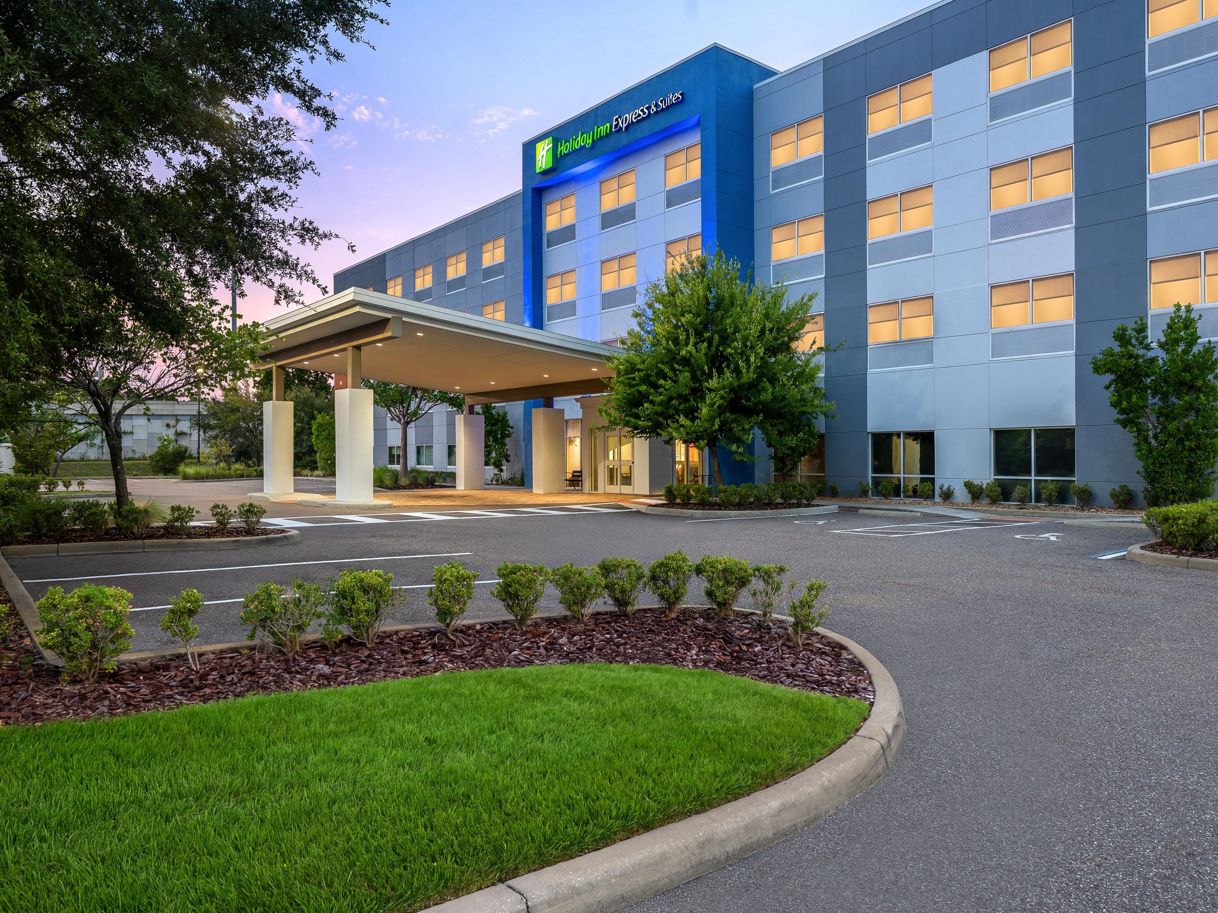 Exterior view of hotel at dusk