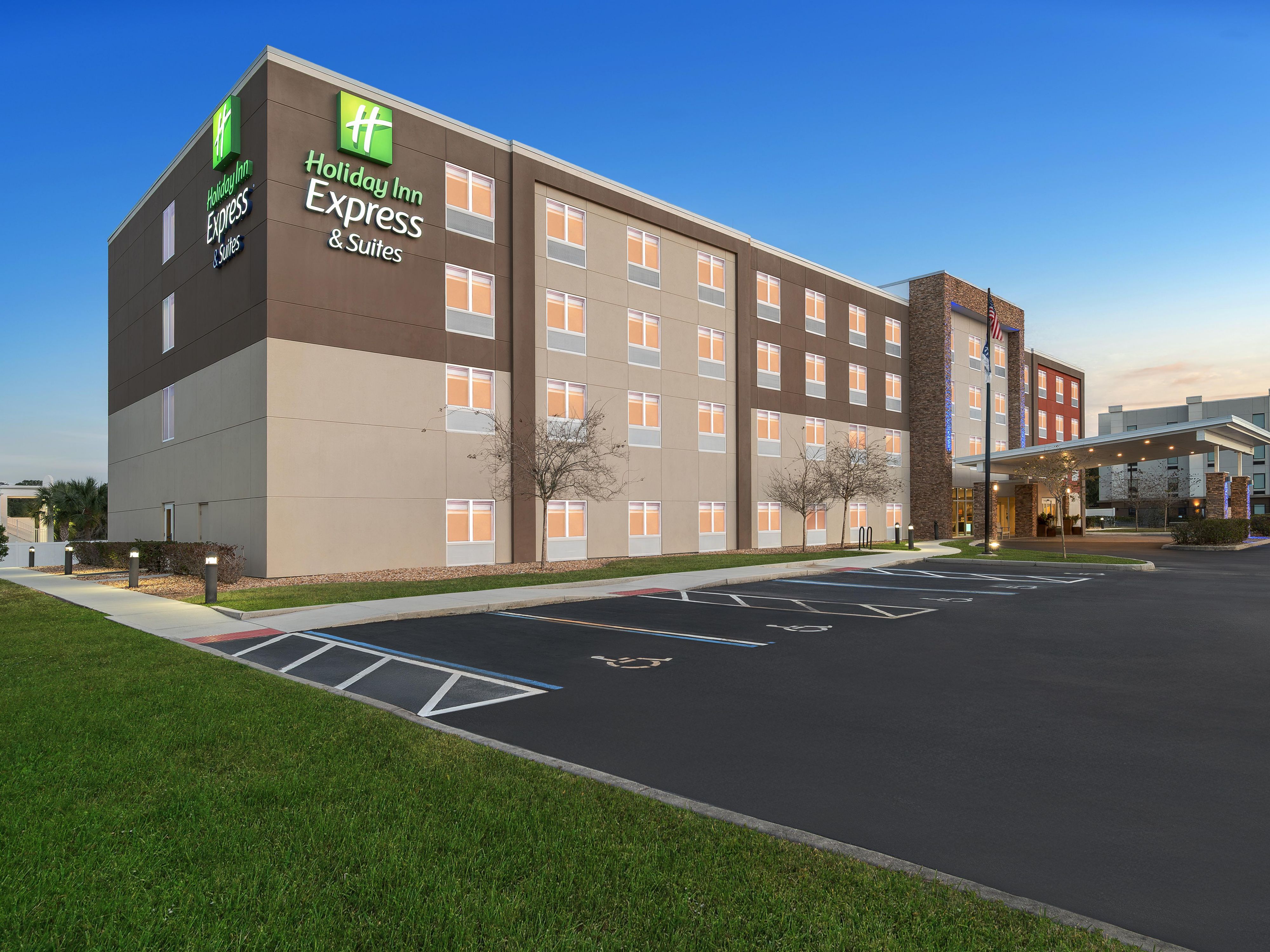 Exterior front of hotel at dusk