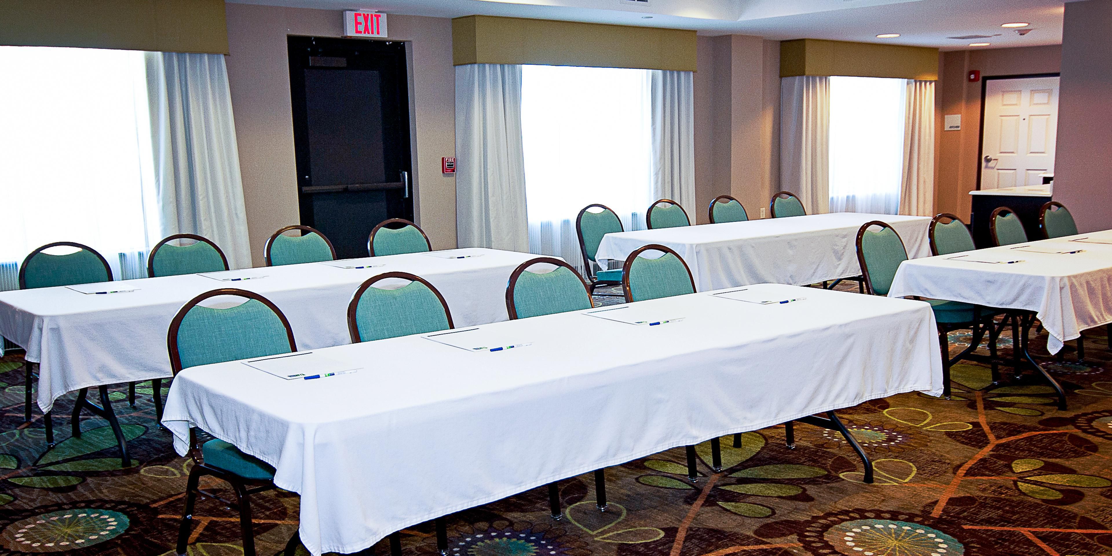 Our spacious meeting room is a great place to hold your meetings while your employees enjoy a great place to stay. A patio with a fire pit is right outside for those quick pick me up break times. Contact our sales department today for more booking information.