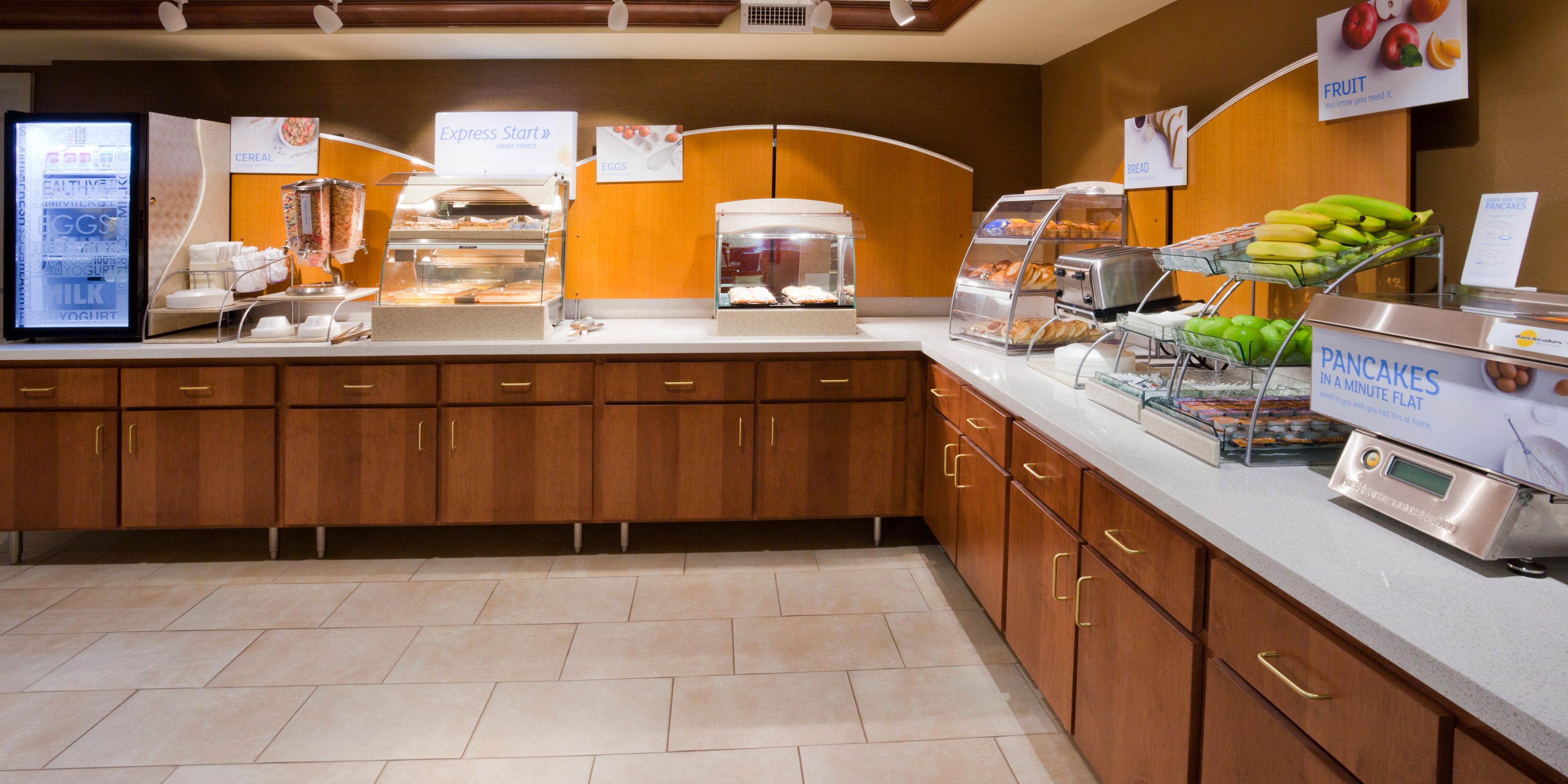 Start your day off right with food to fuel your day at our complimentary breakfast area daily!   Due to the current COVID mandates in place by our State, we will have limited options available, but provided with your safety in mind.   Find out more at check in!