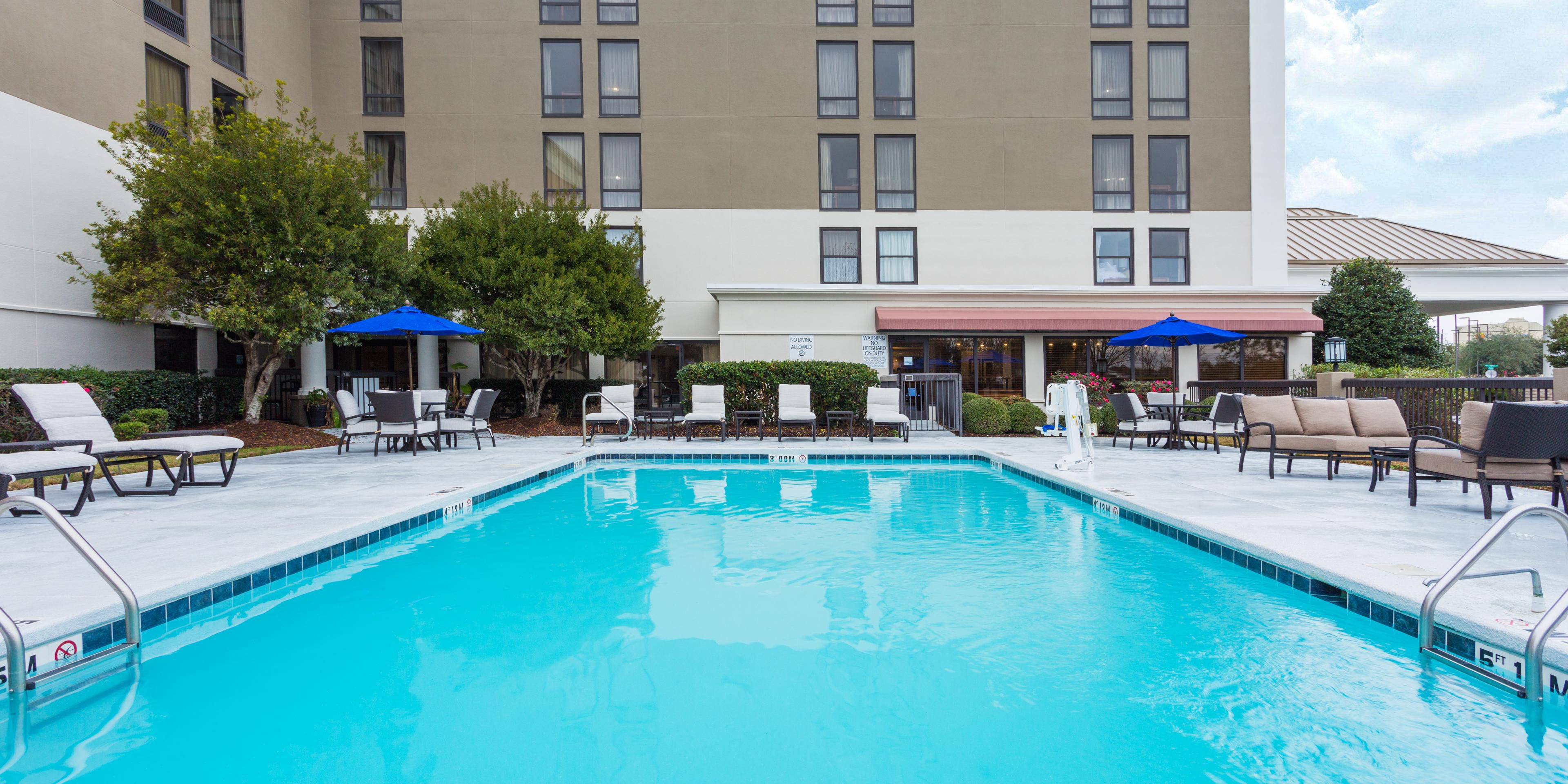 Take a refreshing dip or relax by our outdoor pool, which is open seasonally from 9AM - 10PM.