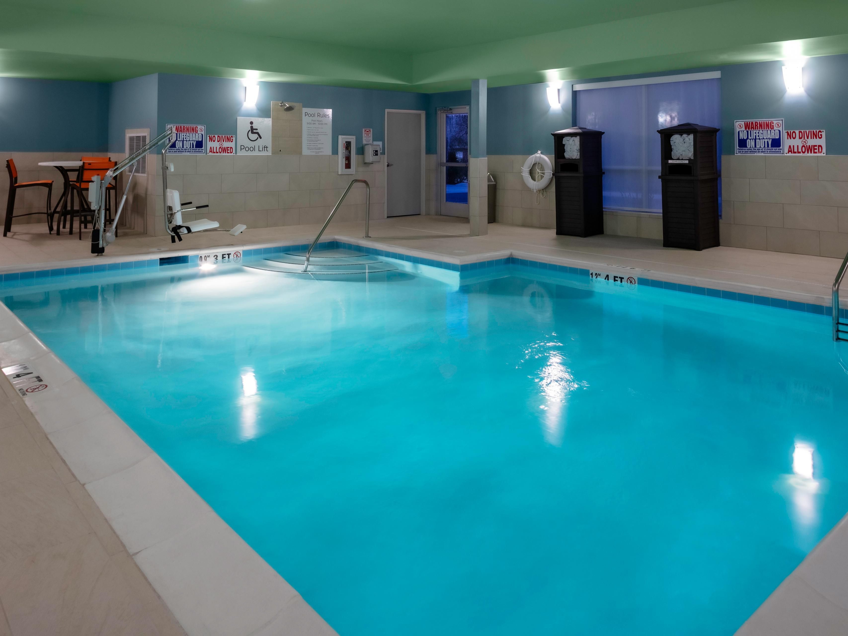 Take a dip! Our indoor swimming pool is open for your enjoyment.