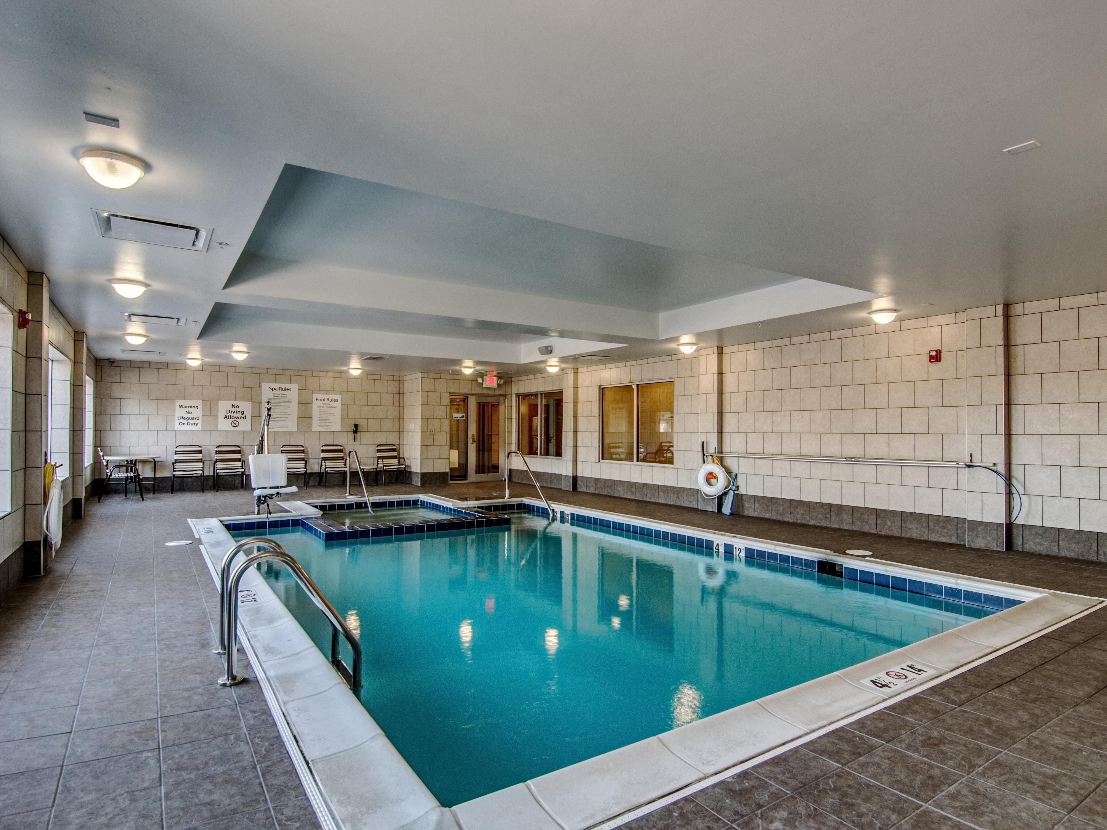 Enjoy our heated, indoor, salt water pool and hot tub equipped with a handicapped accessible pool lift.  