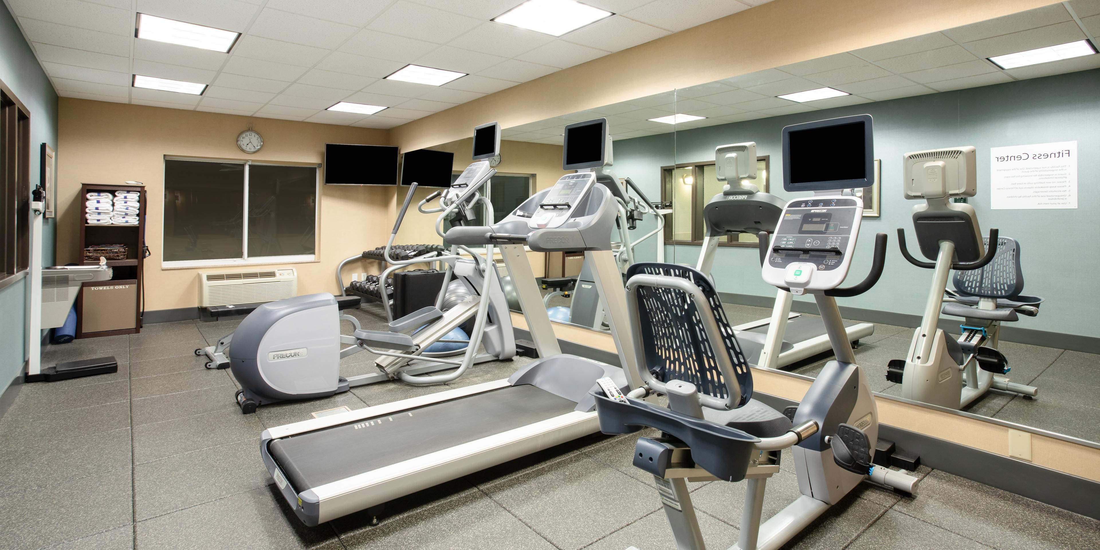 Take advantage of our 24 Hour Fitness Center featuring PRECOR Fitness Equipment, free weights, a bosu and stability ball, and exercise bands.