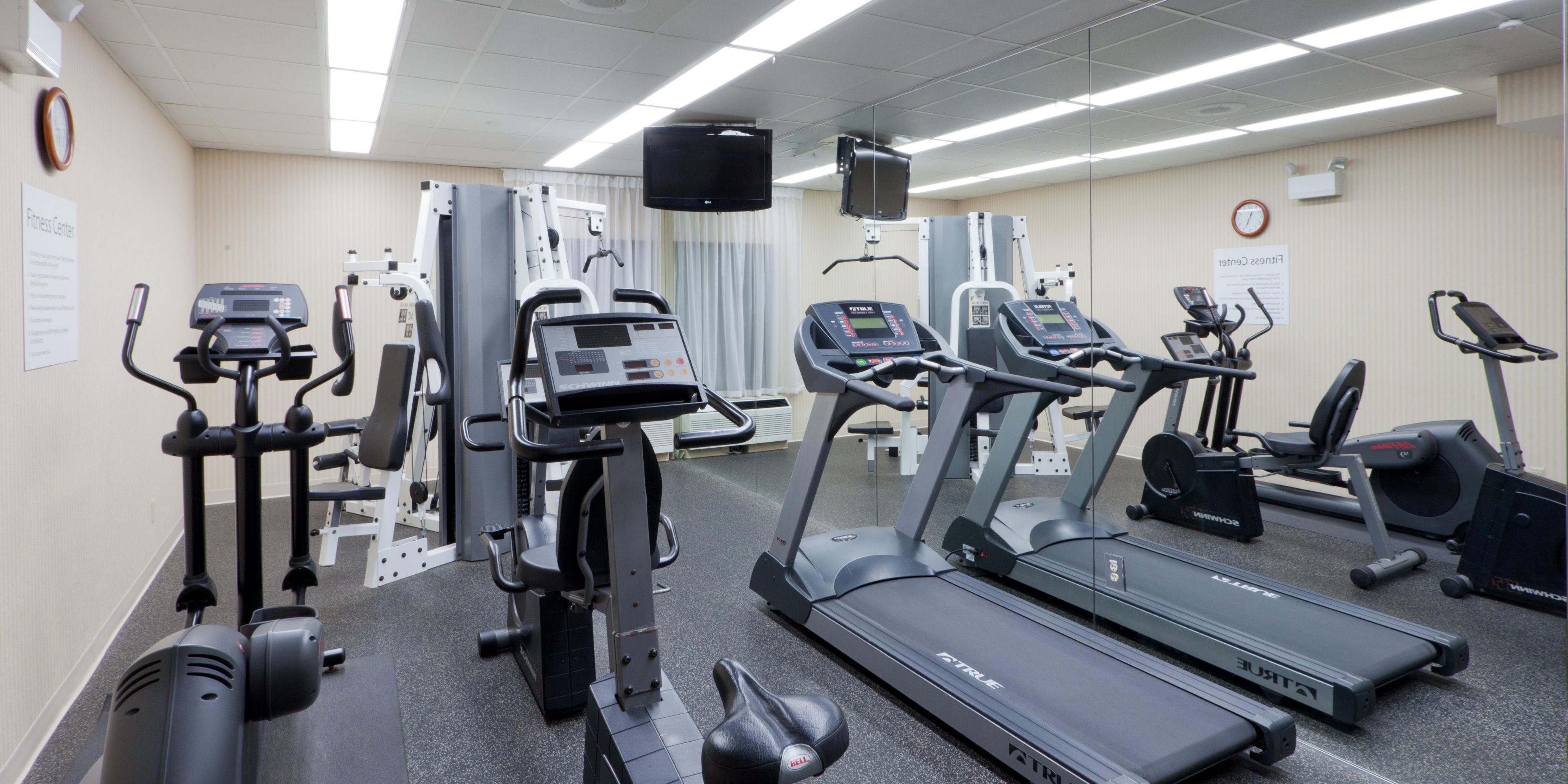 Get your sweat on in our complimentary, fully equipped fitness center with a tread mill, stationary bike, free weights, weight bench and elliptical machines open 24 hours for your convenience.
