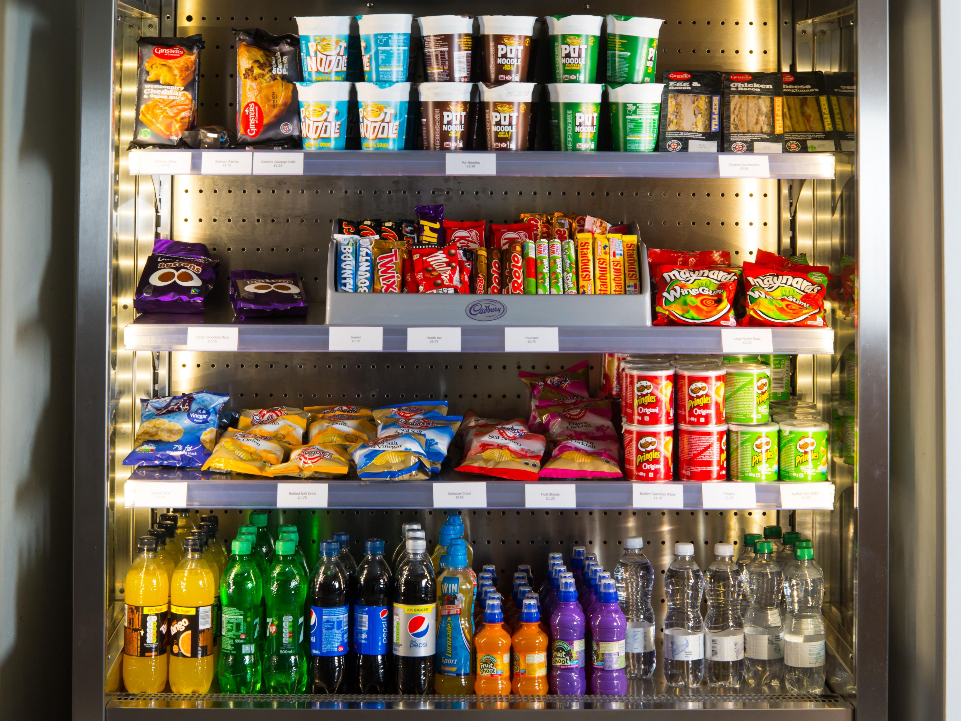 Our vending fridge is the spot to pick up snacks and cold drinks.