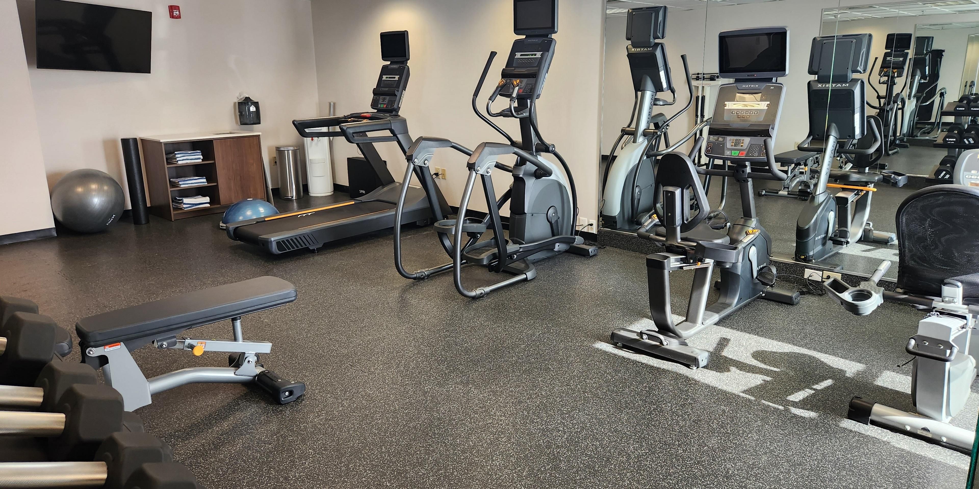 If your daily routine includes a workout, we've got you covered. Our 24-hour Fitness Center features free weights, resistance bands, exercise ball, treadmill, elliptical and stationary bike.