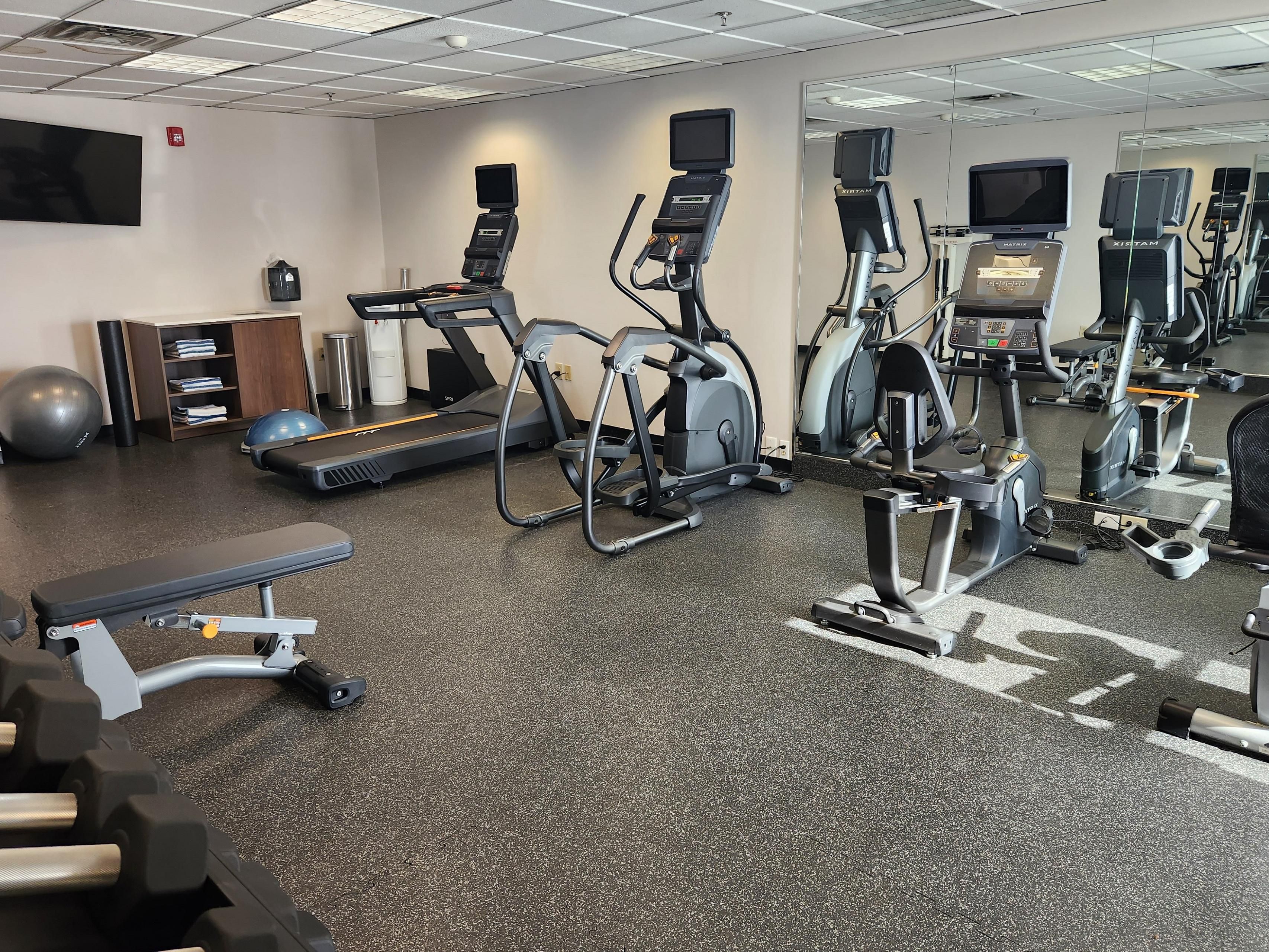 If working out is part of your daily routine, we've got everything you need. Our 24-hour Fitness Center is equipped with free weights, resistance bands, exercise balls, a treadmill, elliptical, and stationary bike.
