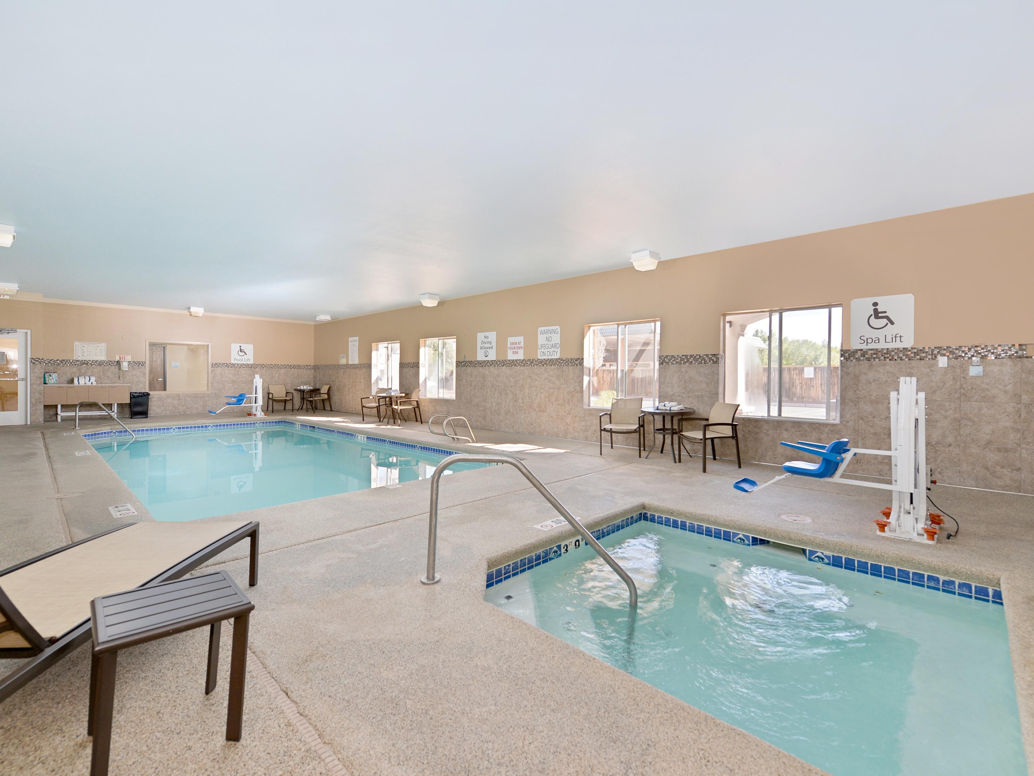 Dive into relaxation at the Holiday Inn Express Bernalillo NM pool, where tranquility meets refreshment. Our sparkling pool offers a serene retreat for guests to unwind and enjoy a refreshing swim after a day of exploring nearby attractions or business meetings. The hours of Operation: 8am to 10pm seven days a week.