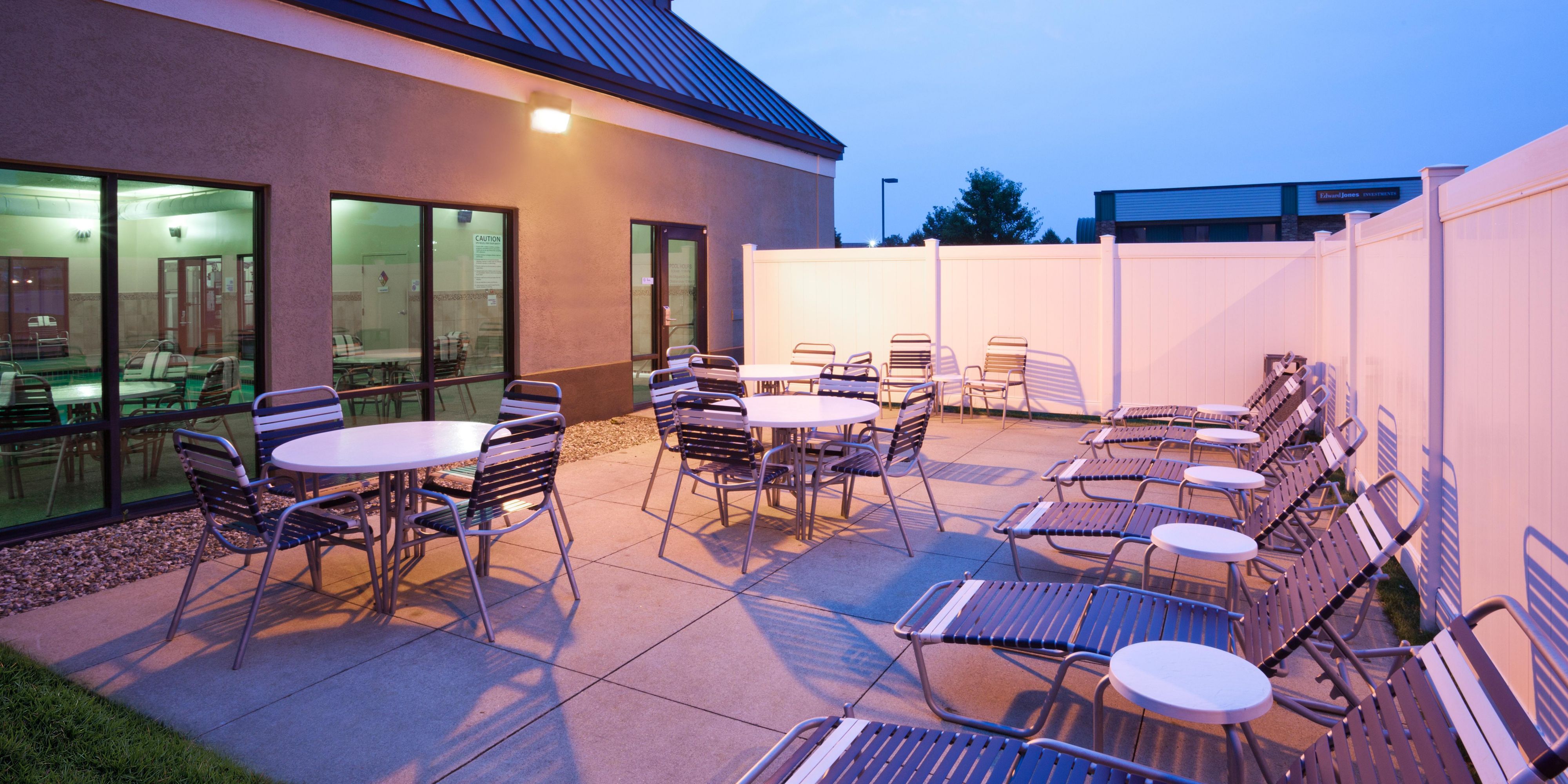 Get some sun or gaze up at the stars while relaxing in our patio area beside our indoor pool. Great space for you and the family to enjoy some quality time together this summer! So grab some cards, dominoes, favorite game, or a book to read and unwind! 