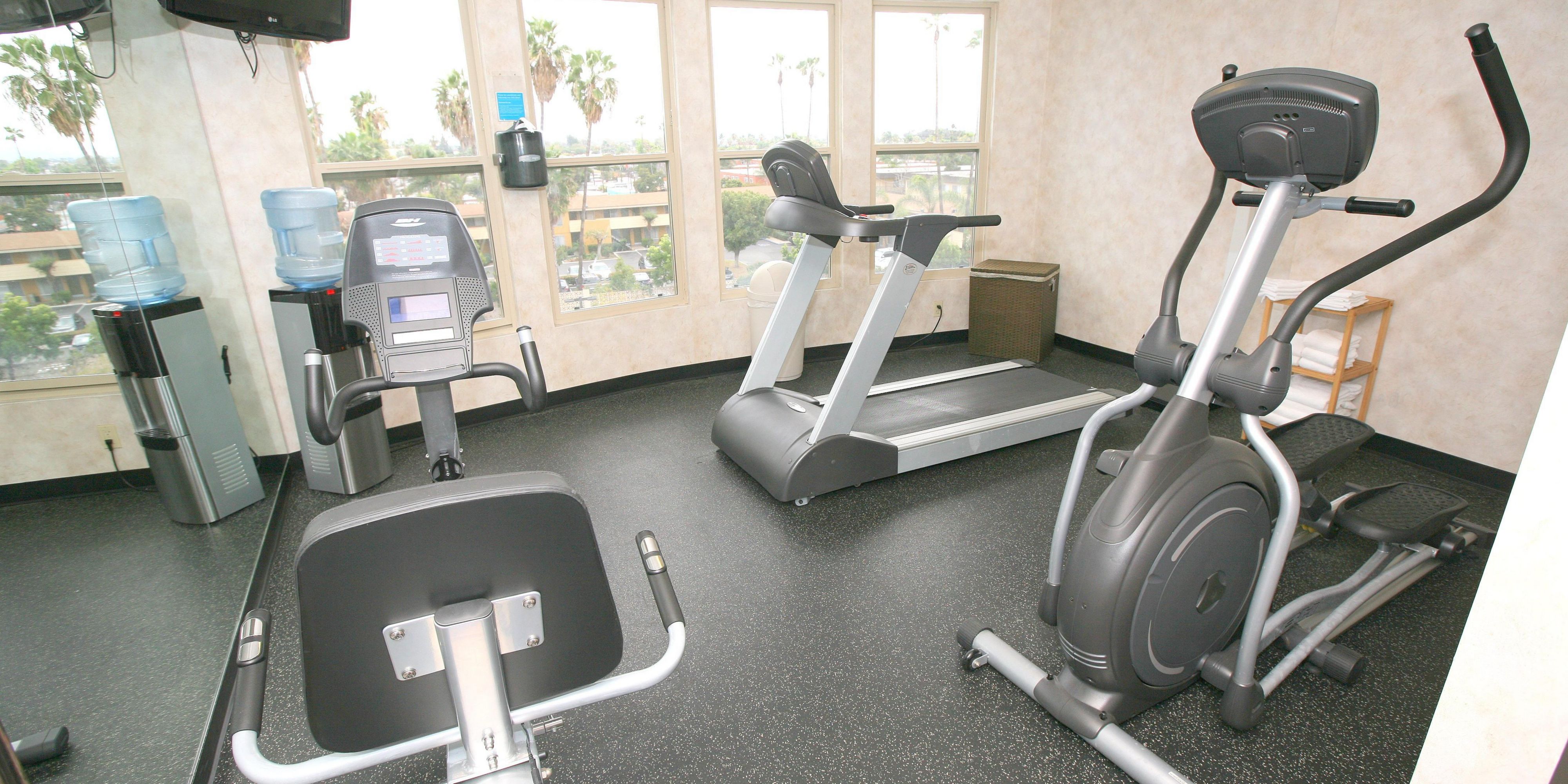 Fitness center is open 24 hours and is equipped with Treadmill, Stationary Bike & Elliptical, flat screen TV, water cooler and scale. Fitness center is located on the top floor with a beautiful evening view of the city lights.