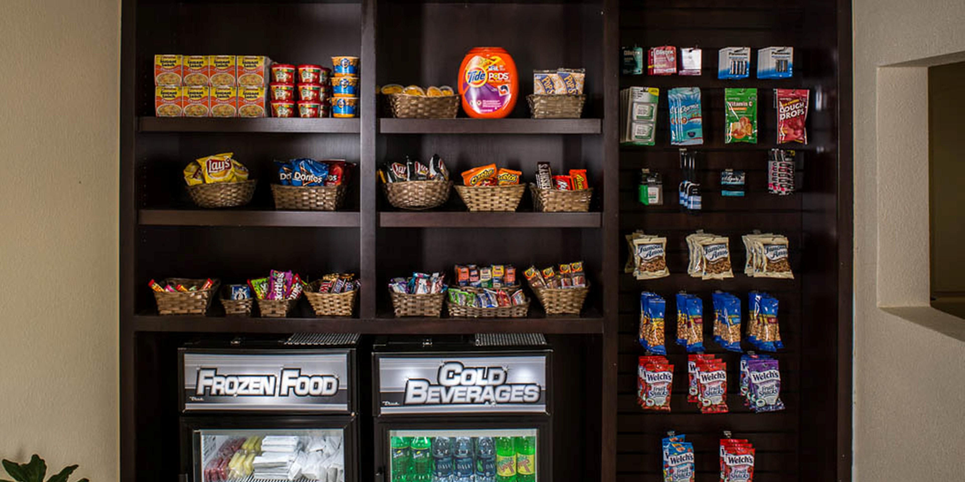 We have all the essentials for that last minute snack with sodas, chips and candy bars. 