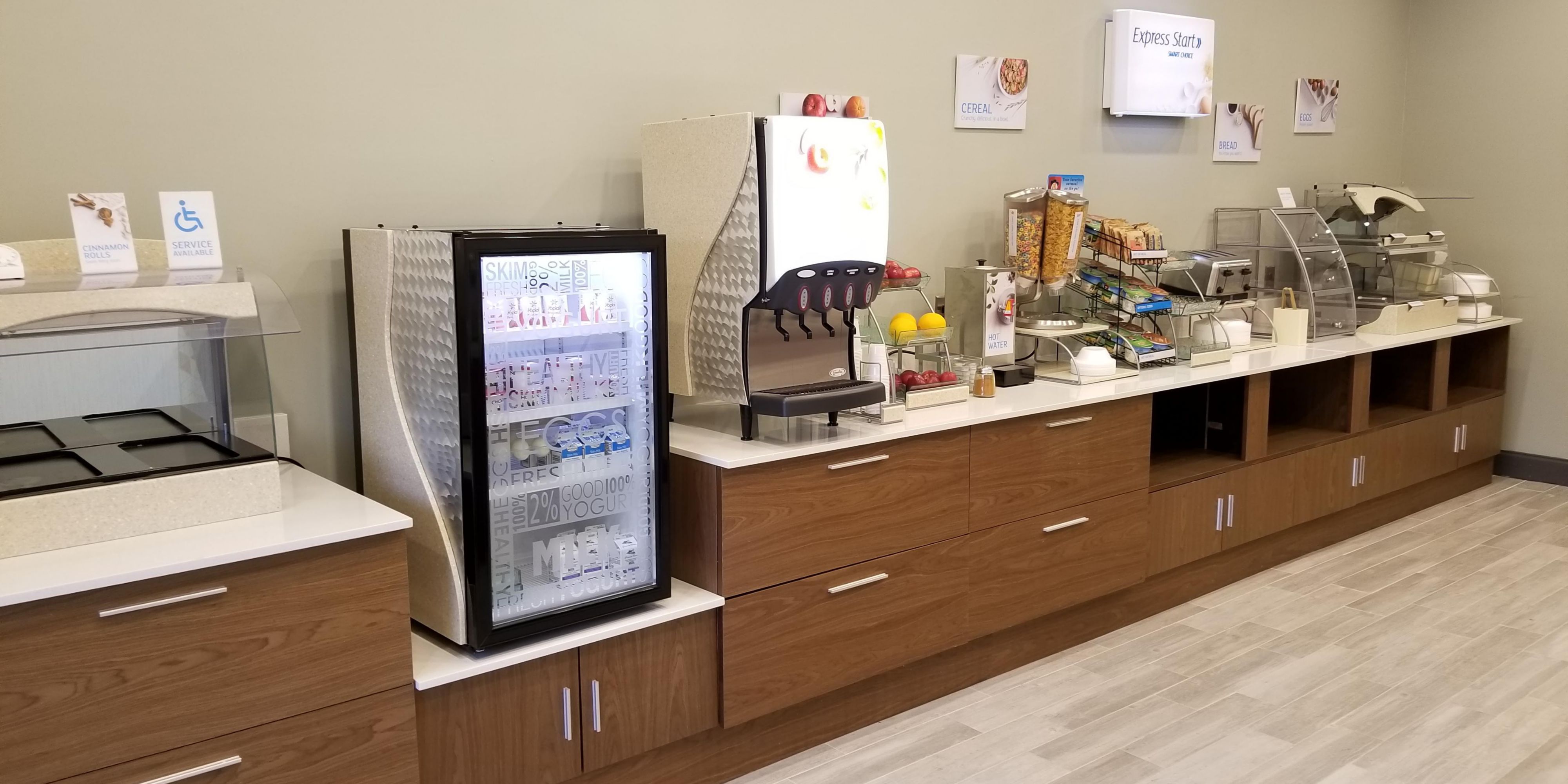 Wake up each morning and jump-start your stay at our Express Start Breakfast bar. You will find a full range of breakfast items including egg white omelets, Chobani yogurt, whole wheat English muffins, oatmeal, cereal and a one-touch pancake machine.
