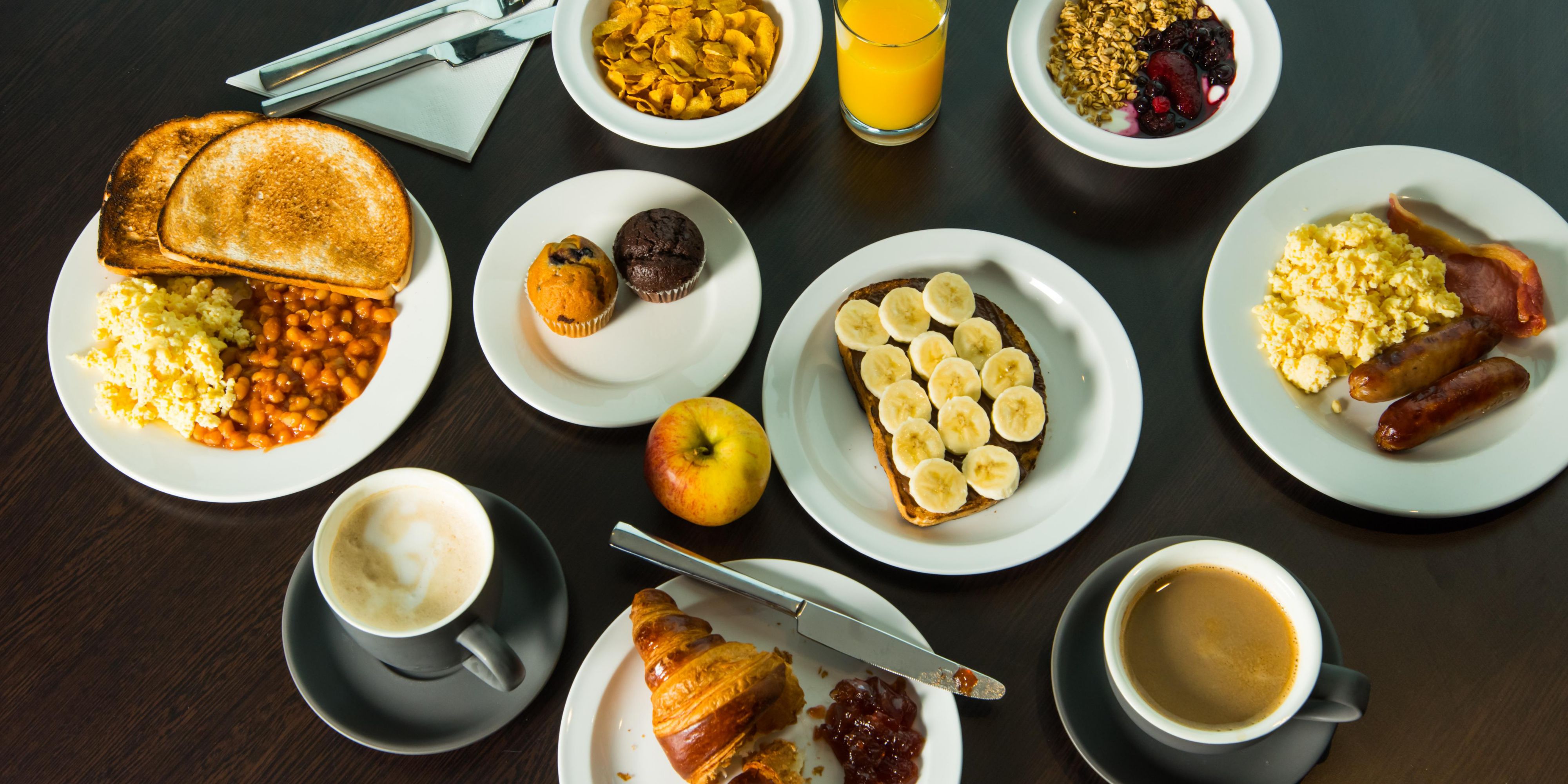 Kick-start your morning with our inclusive breakfast. Choose from a selection of hot and cold items like bacon, scrambled egg, sausages, toast, and pastries. Grab & go bags are available if you're in a hurry!