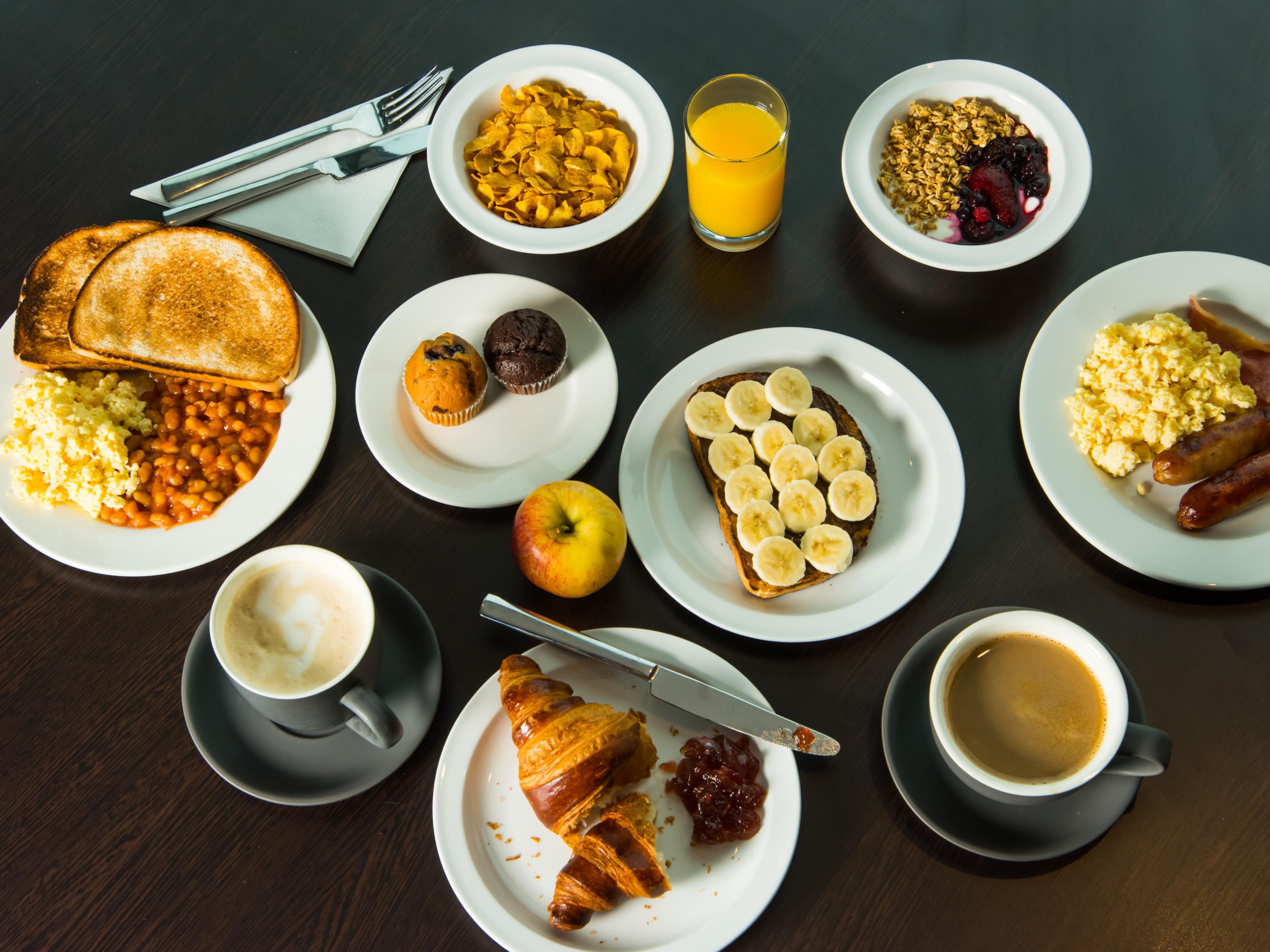 Kick-start your morning with our free breakfast. Choose from a selection of hot and cold items like bacon, scrambled egg, sausages, toast, and pastries. Grab & go bags are available if you're in a hurry!
