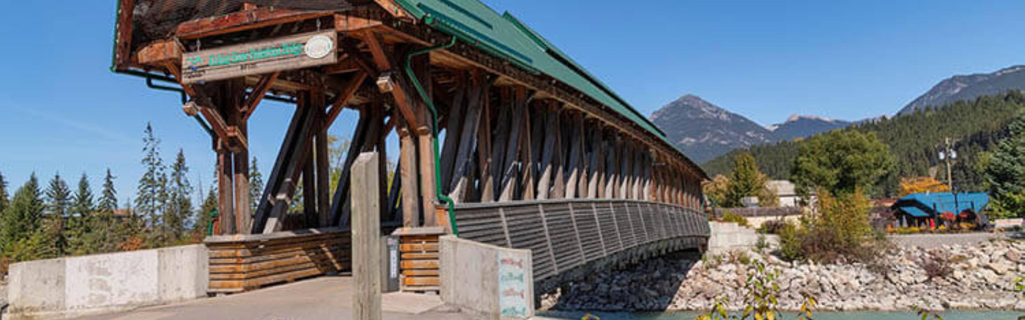 Kicking Horse Pedestrian Bridge with mountain views in Golden BC.