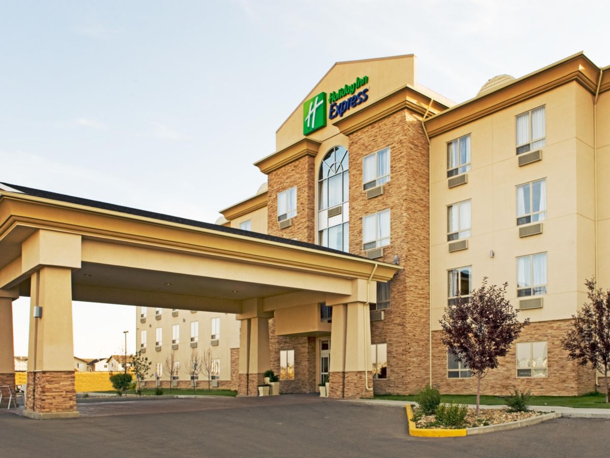 Exterior of Holiday Inn Express Grande Prairie hotel on the north side of Grande Prairie, Alberta