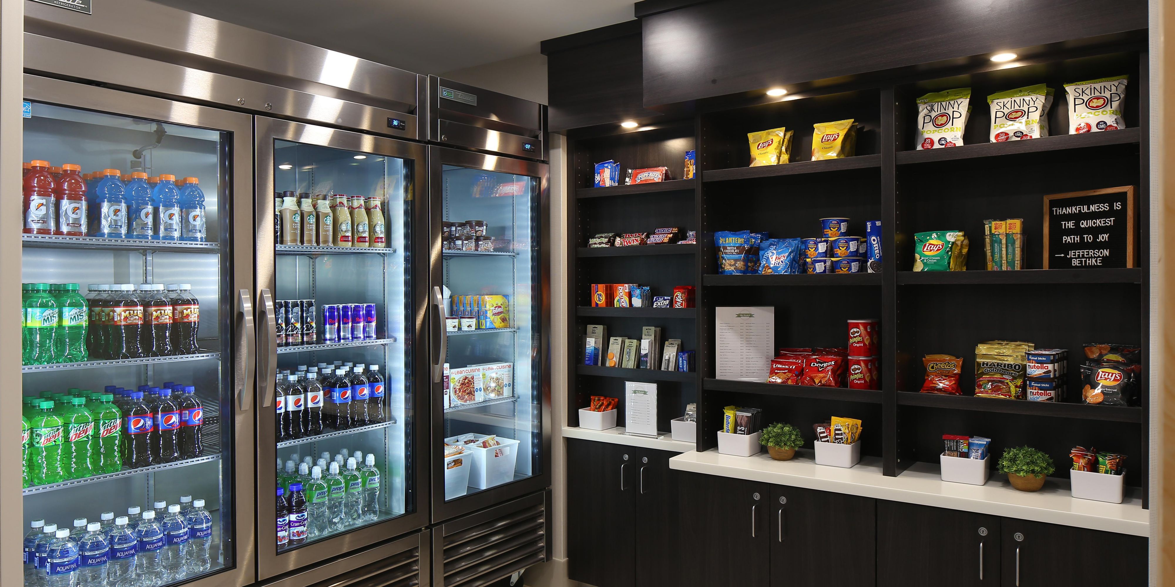 Whenever you need a snack, we've got you covered. Our brand new market features snacks, sweets, quick meals, and beverages. Buy something for now or save it for later.