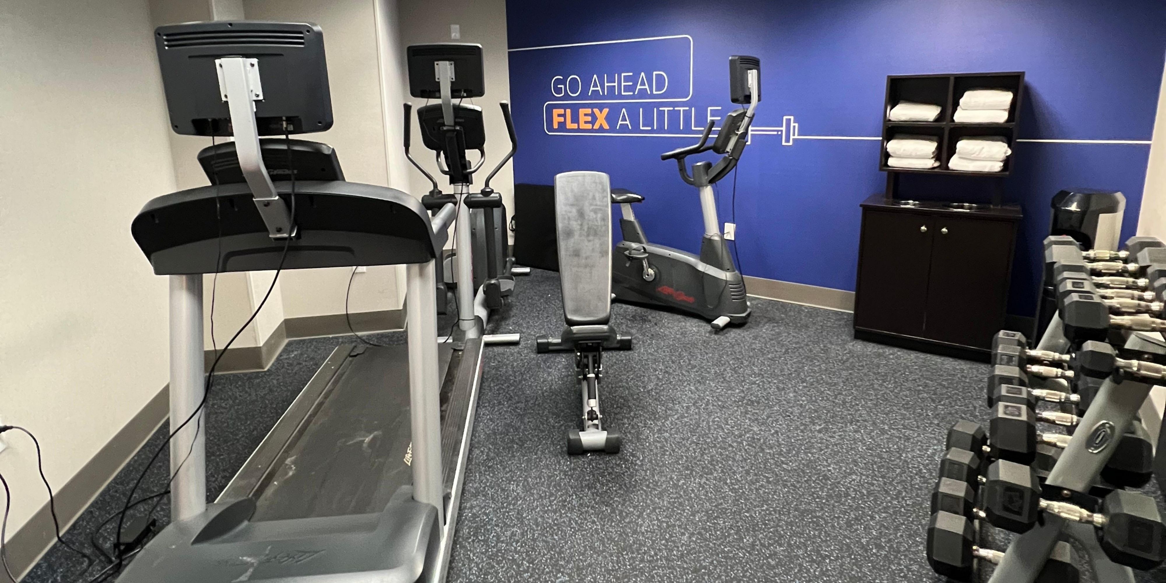 Get your sweat on in our 24-hour complimentary, fully equipped Fitness Center with treadmill, elliptical, recumbent bike and free weights.
