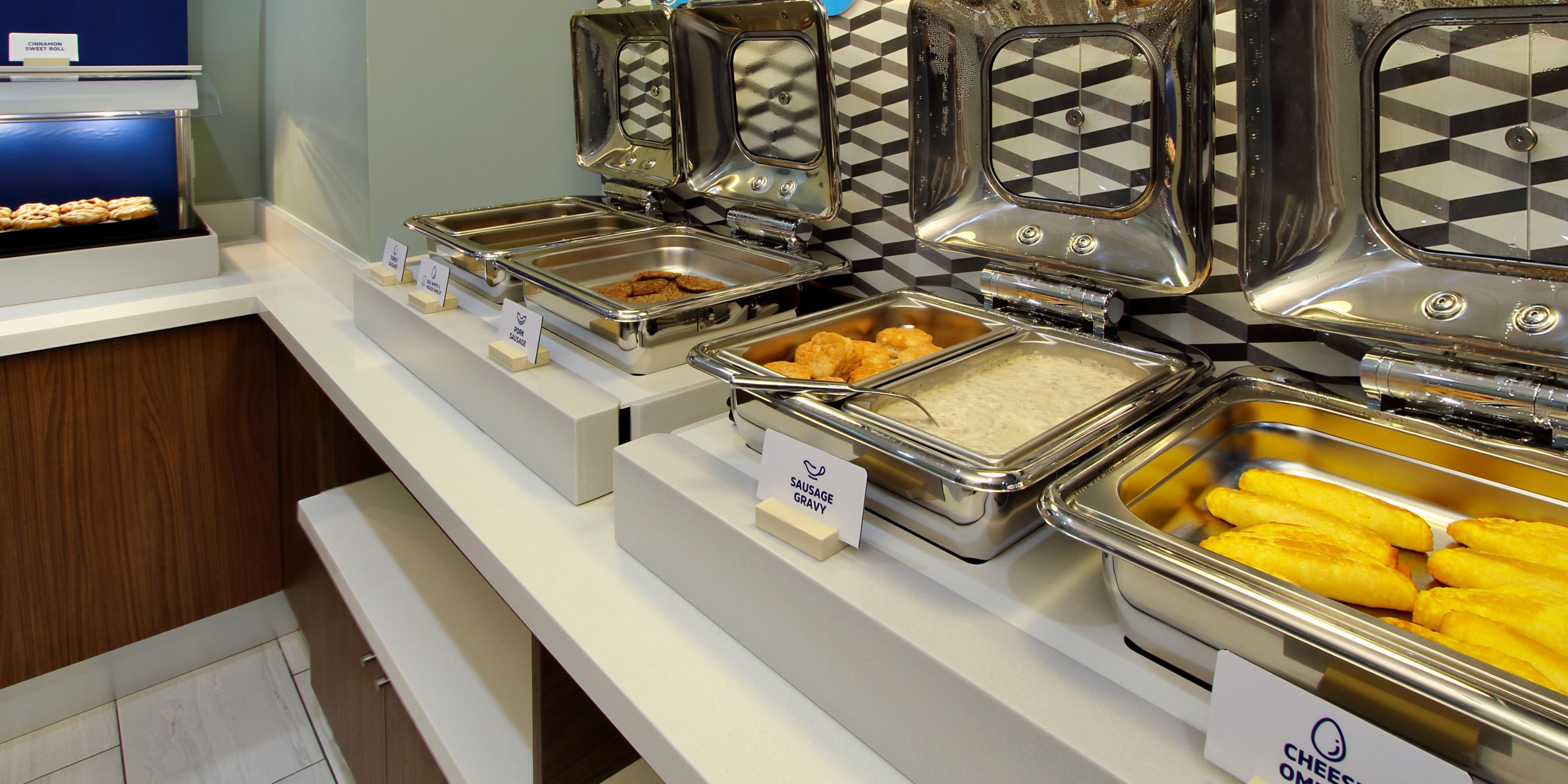 Join us each morning for complimentary breakfast including eggs, meat, pancakes, cinnamon rolls, cereals, breads, fruit, milk, coffee, and juice.