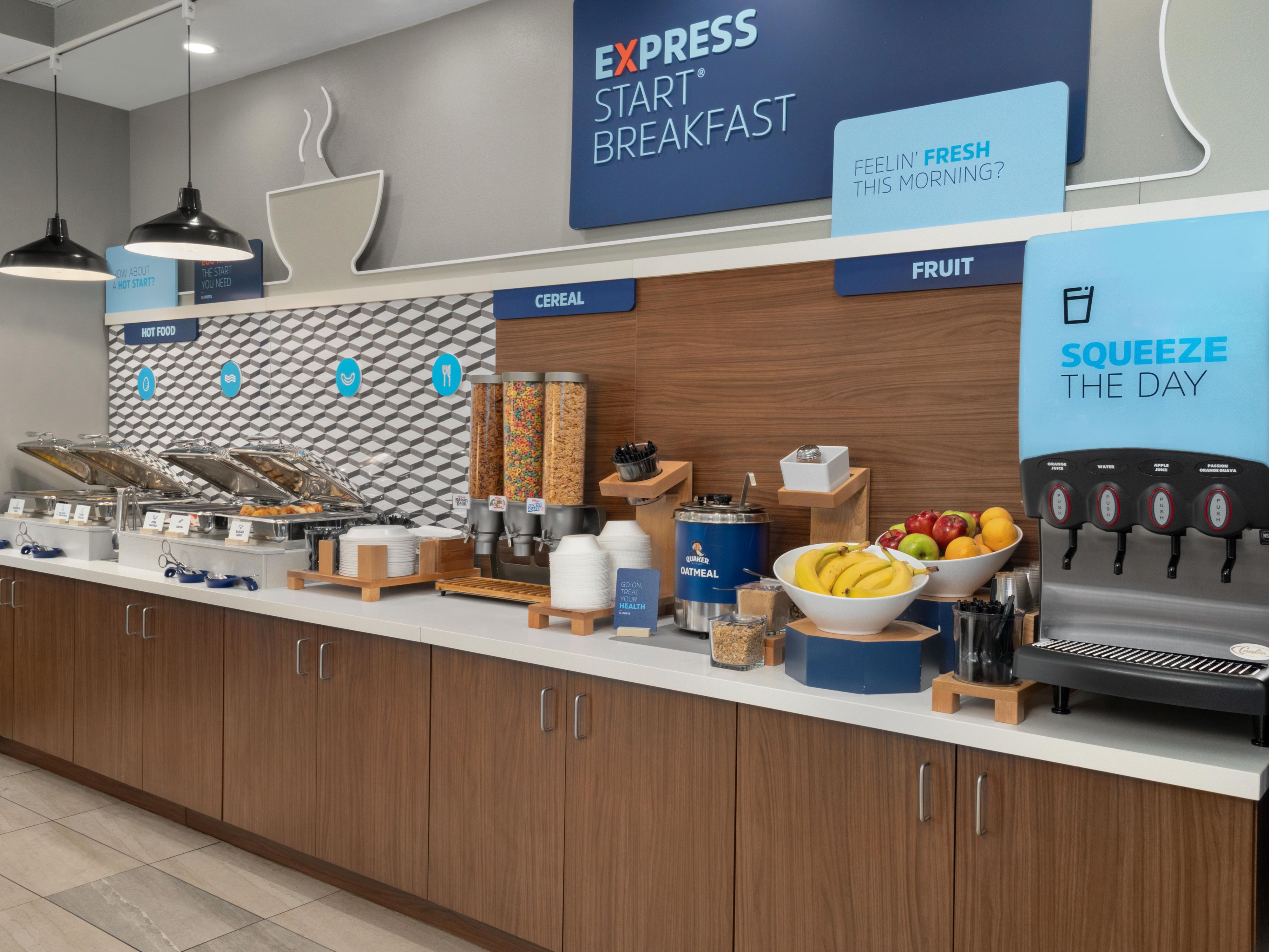 Join us each morning for complimentary breakfast including eggs, meat, pancakes, cinnamon rolls, cereals, breads, fruit, milk, coffee, and juice.