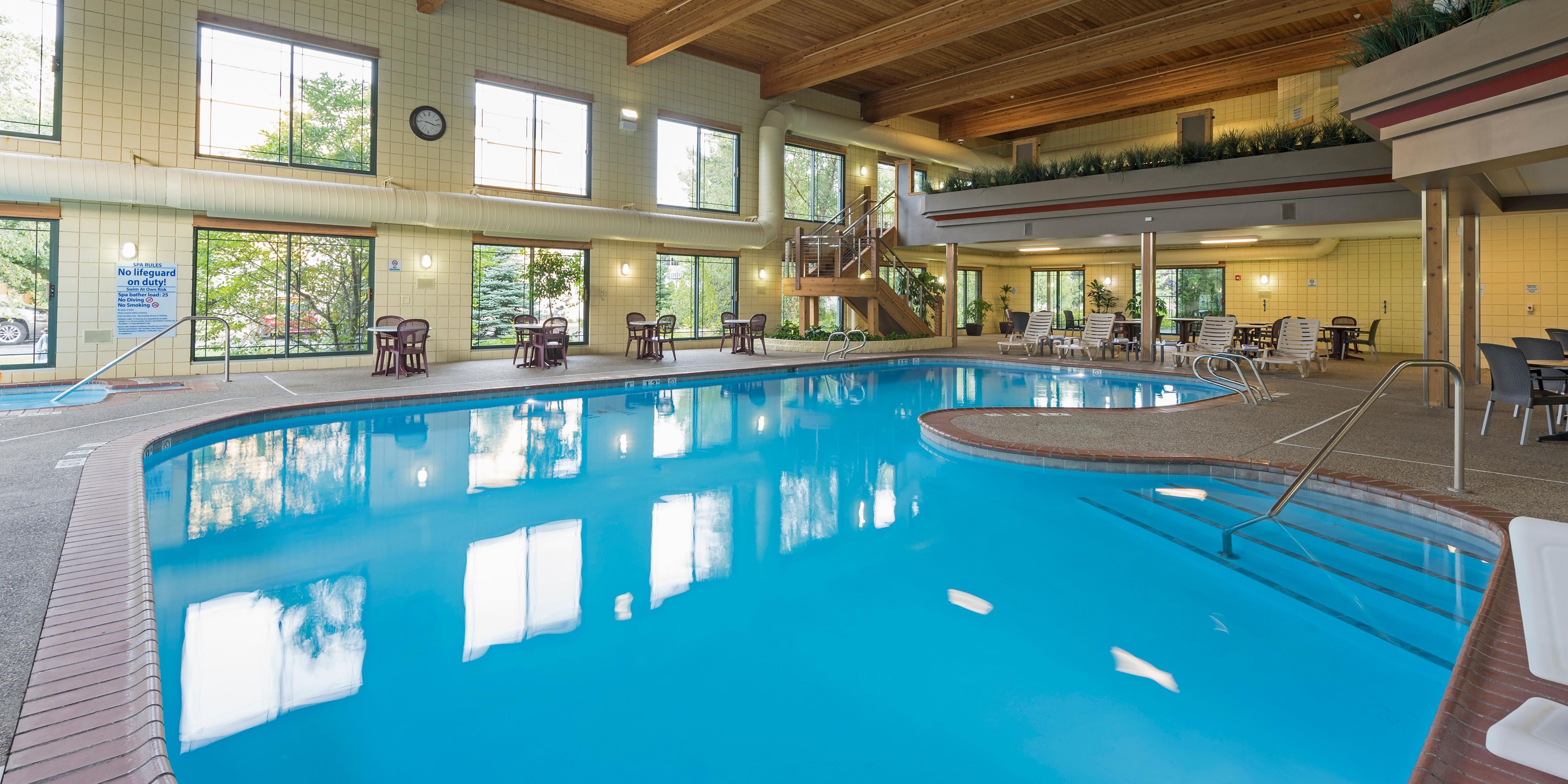 Our indoor, Michigan-shaped, heated pool & indoor/outdoor hot tub will be the highlight of your trip! Bring the family for a fun weekend away or just relax in the hot tub after a day filled with meetings. 