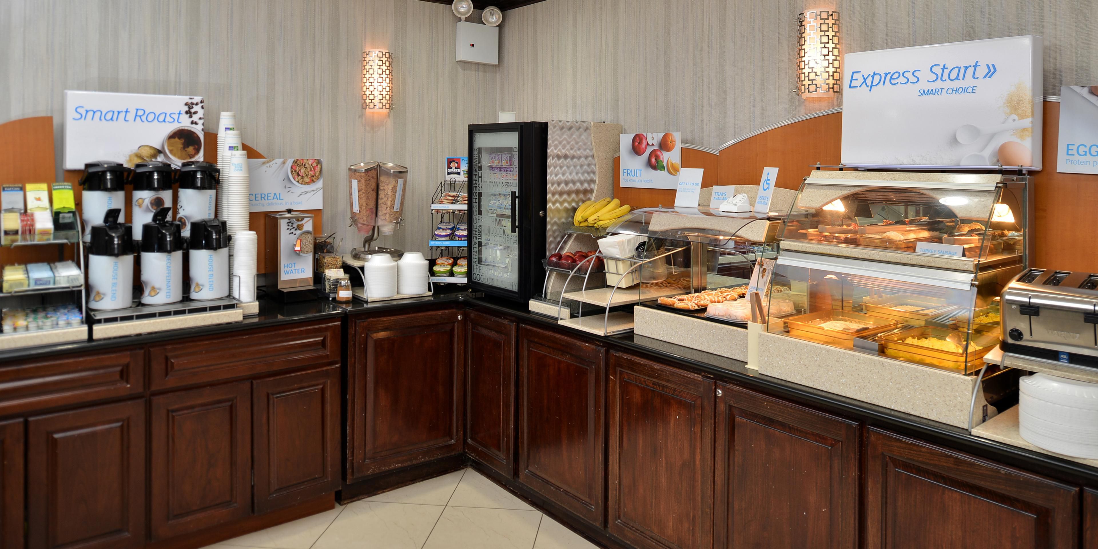 We offer a complimentary hot breakfast buffet every morning. Breakfast hours are from 5AM-9AM.