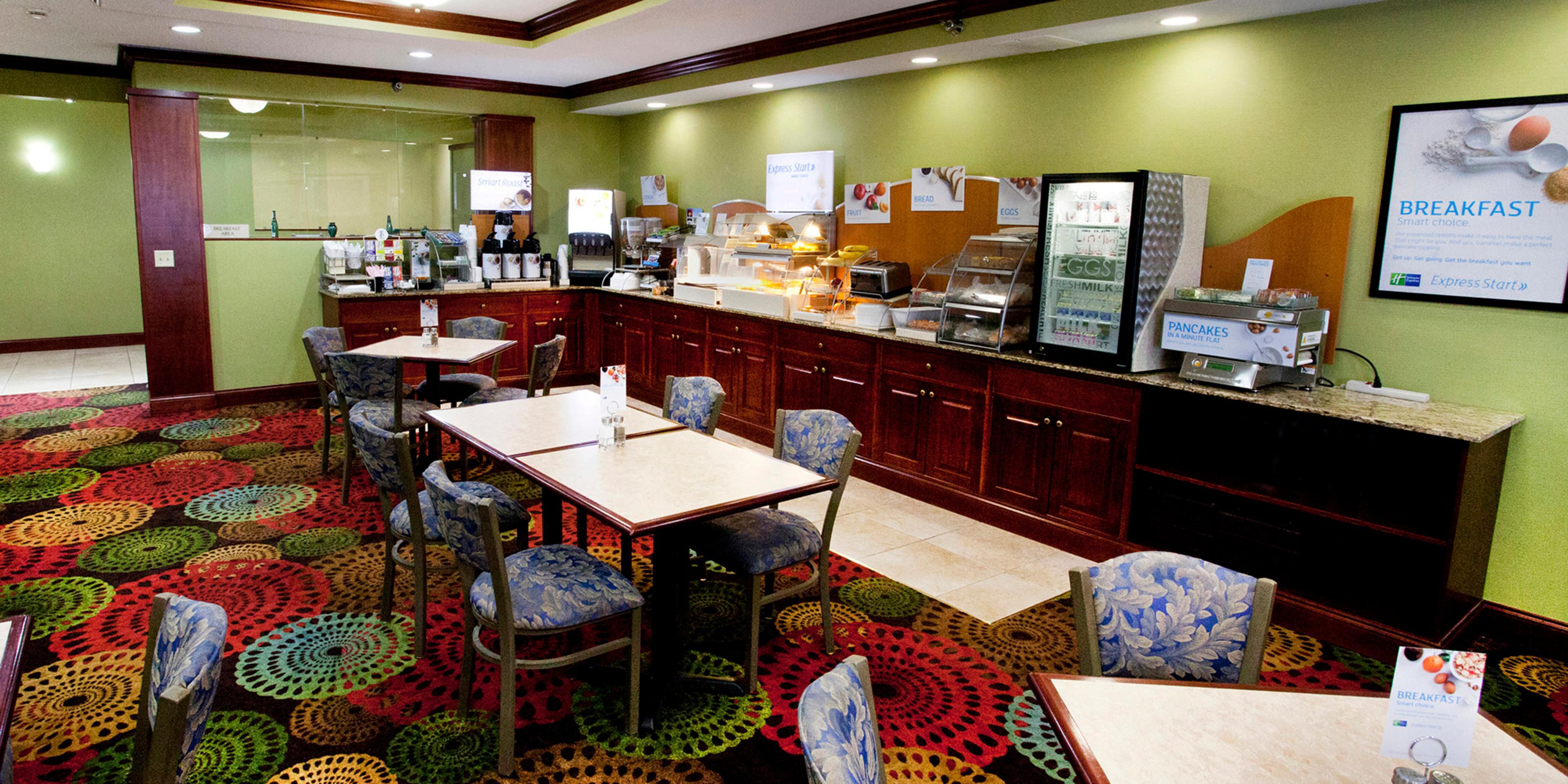 The Holiday Inn Express offers one of the best breakfast buffets in the area. Enjoy both hot and cold items each day. Hot items include Veggie and Cheese Omelets, Scrambled Eggs, Crispy Bacon, Sausage, Turkey Sausage, Fluffy Pancakes, and gooey Cinnamon Buns.