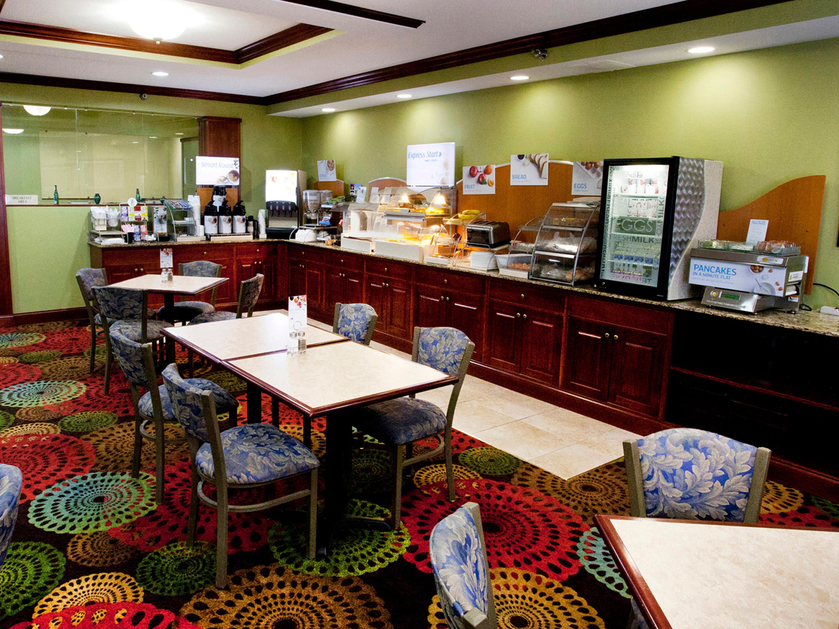 The Holiday Inn Express offers one of the best breakfast buffets in the area. Enjoy both hot and cold items each day. Hot items include Veggie and Cheese Omelets, Scrambled Eggs, Crispy Bacon, Sausage, Turkey Sausage, Fluffy Pancakes, and gooey Cinnamon Buns.