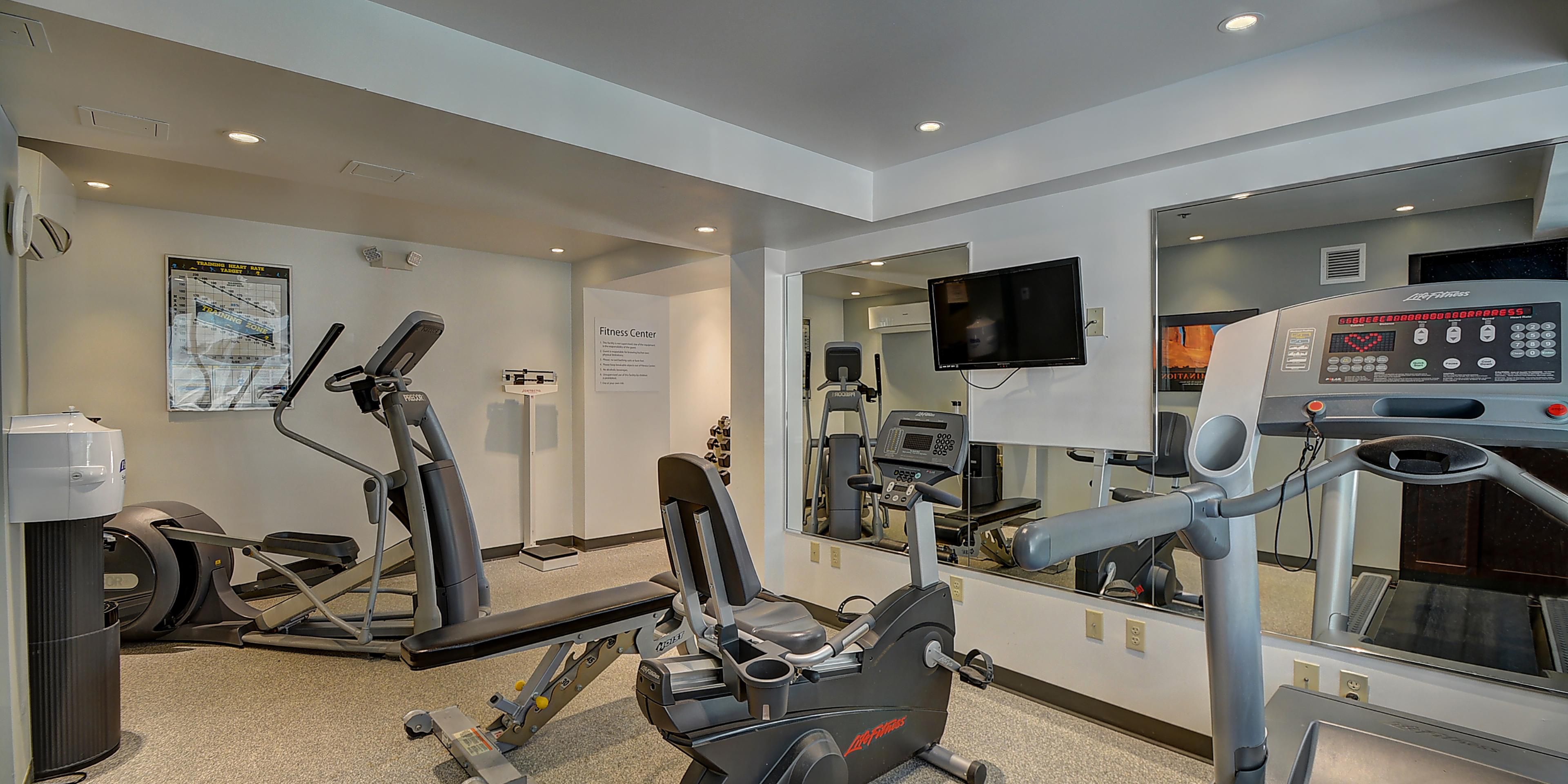 Fit travelers, don't sweat it, we've got you covered! You're welcome to go for a swim in our heated indoor pool or enjoy an invigorating workout in our complimentary Fitness Center. You'll find treadmills, elliptical machines, free weights or a stationary bicycle available just for you! Stay smart and fit when you sta