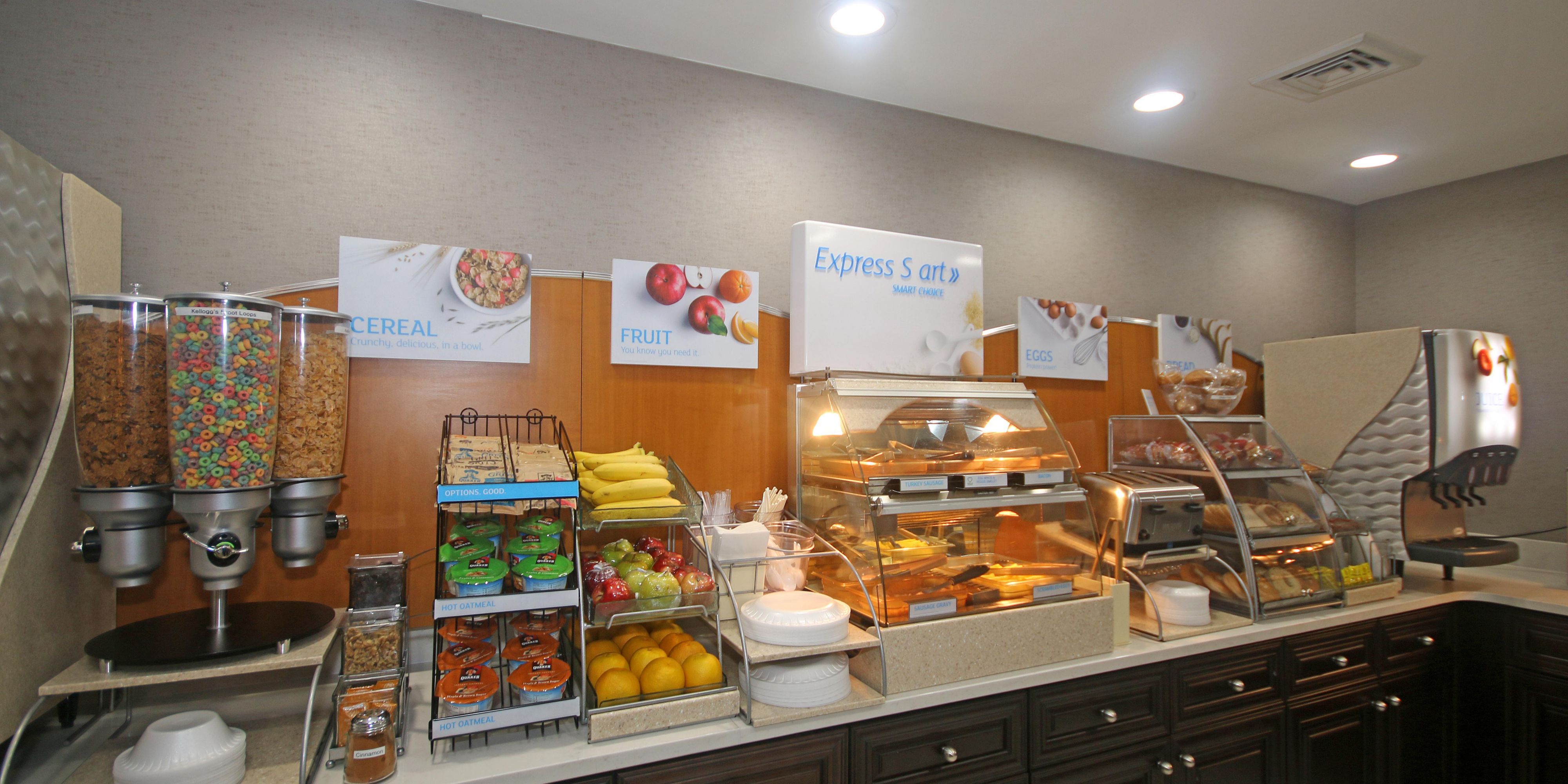 Our complimentary Express Start Breakfast bar offers  Hot Breakfast, cold items, juices, and coffee. Socially distanced seating is also available.